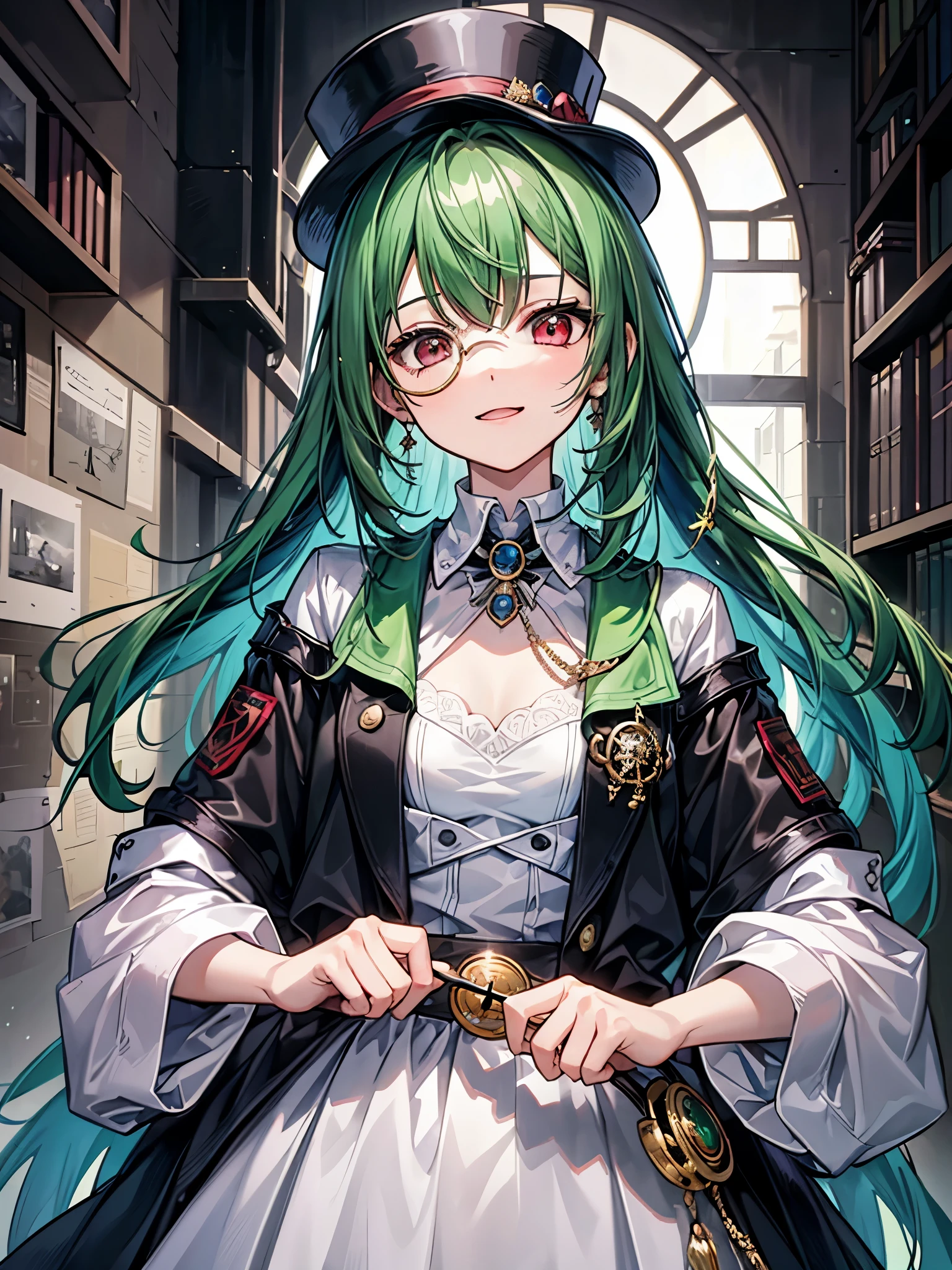 （（（masterpiece、Highest image quality、highest quality、highly detailed unity 8ｋwallpaper）））、（（Illustration of one girl、upper body））、（（（beautiful girl）））、（librarian）、（Emerald green hair、sidelocks：1.2、red eyes、crazy smile）、（（（flat chest）））、monocle、pocket watch、（（（Black top hat、tuxedo）））、grand library