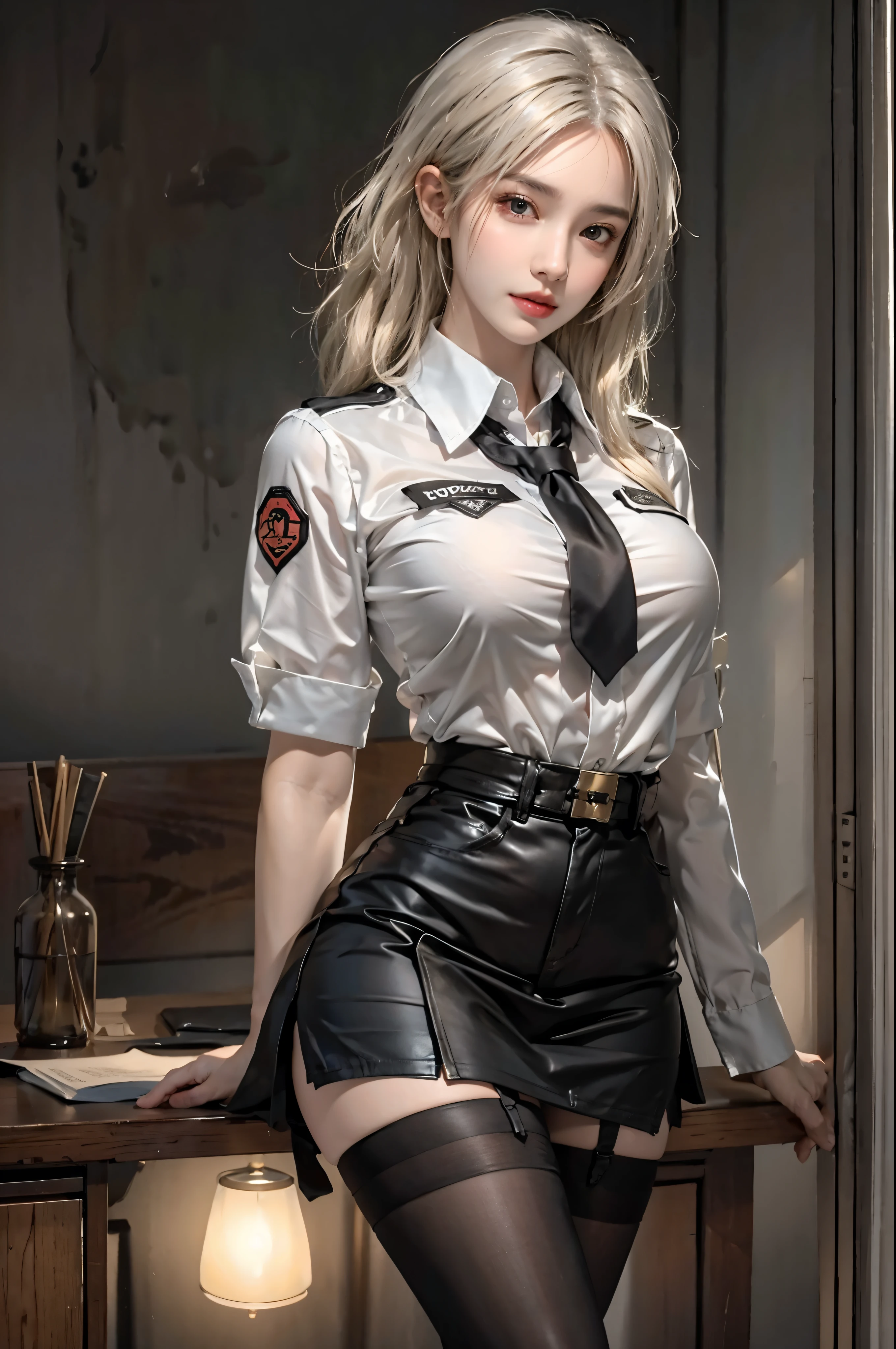 realistic, High resolution, soft light,1 female, alone, hip up, glowing skin, (detailed face),tattoo, jewelry, Secretarial Uniform, white shirt, black skirt, black stockings, garter belt, night, blonde hair, wavy hair, Beautiful Soldier, Eyes that invite the viewer, lover&#39;s perspective, an inviting look, sexy smile, perfect style, perfect balance, fine skin, naughty look, I can see your chest