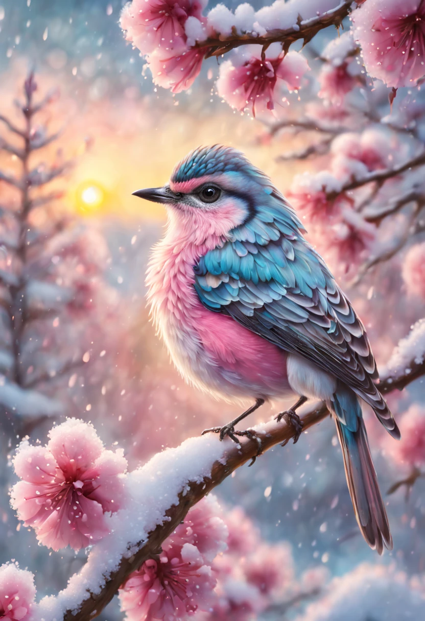 A beautiful hyper-fluffy hyperrealistic bird on a branch with pink flowers and snow. Small water drops, shining. Sunrise. Pastel colors. Intricately detailed, masterpiece, beautiful. Photorealistic, raw image