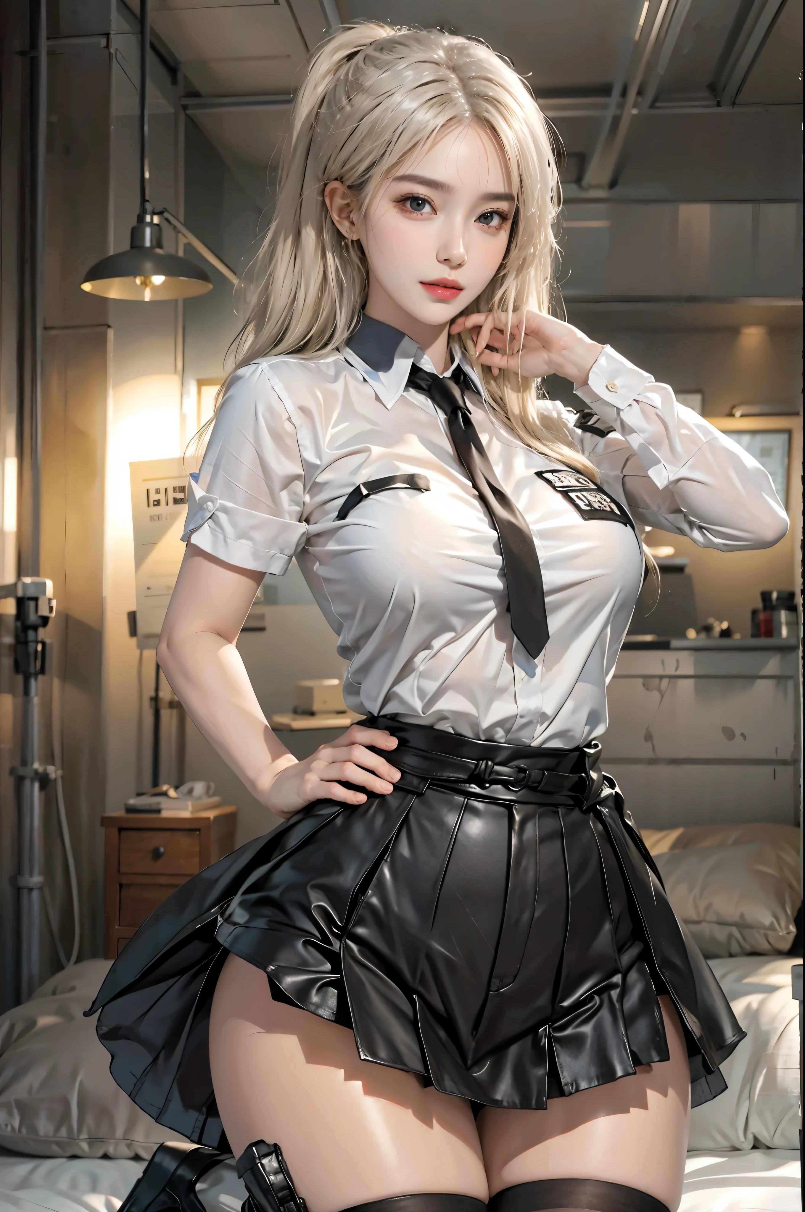 realistic, High resolution, soft light,1 female, alone, hip up, glowing skin, (detailed face),tattoo, jewelry, Secretarial Uniform, white shirt, black skirt, black stockings, garter belt, night, blonde hair, wavy hair, Beautiful Soldier, Eyes that invite the viewer, lover&#39;s perspective, an inviting look, sexy smile, perfect style, perfect balance, fine skin, naughty look, I can see your chest