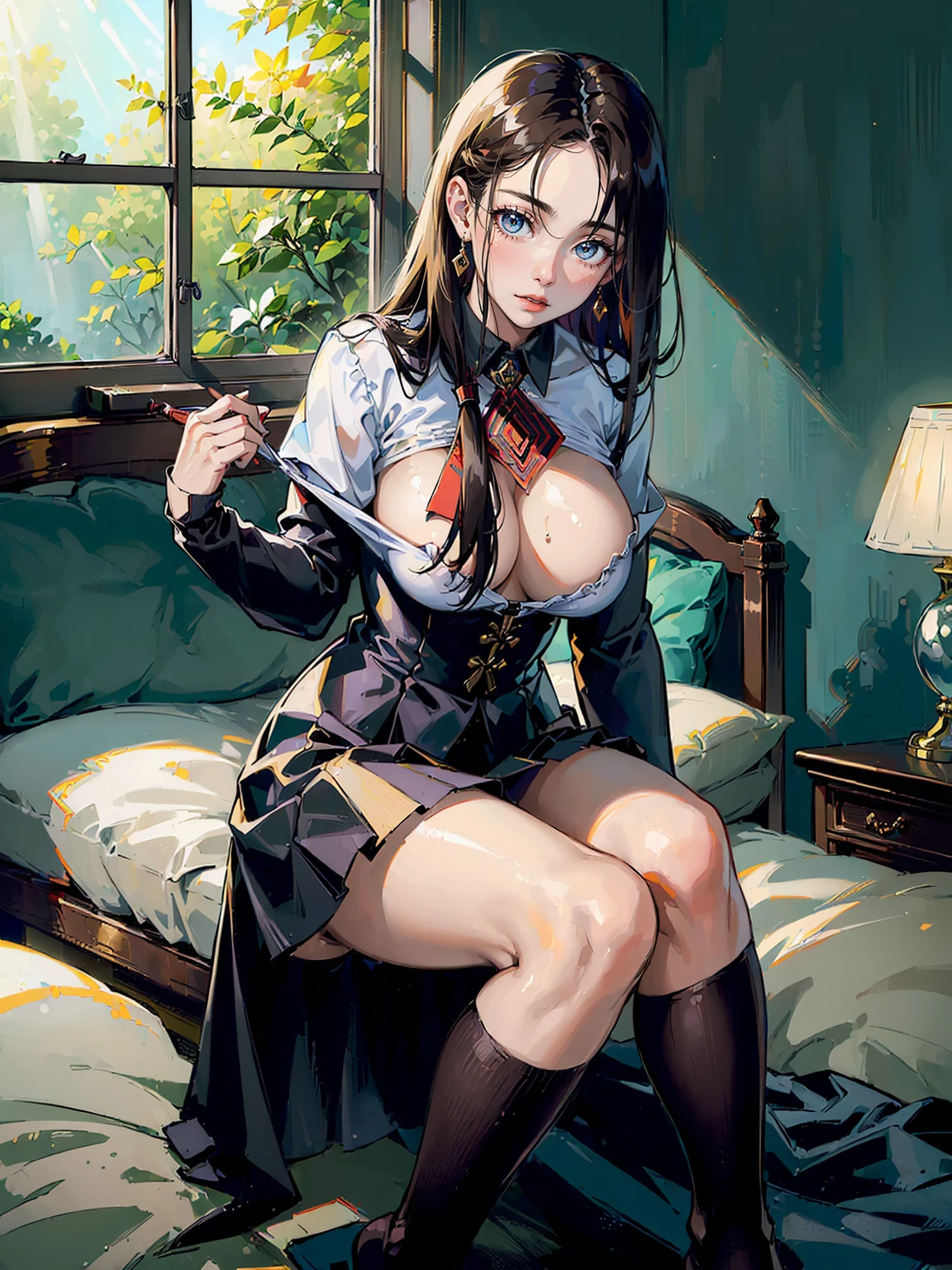 (The photo was taken in the bedroom, There is a window in the background、can see the sunlight:2). focused girl, she is facing the camera. her in bed, (I see her sitting on the bed:1.3).
(she is wearing a white buttoned shirt:1.6), and you can see her cleavage, This photo focuses only on her, for role play, (she is also wearing a black skirt:1.3), reveal her curves, she has very wide hips, you can see her amazing shape, and you can see her beauty. (she is exposed to porn:2), (she is beautiful:2), she has a wicked smile on her face.
clothes are very tight, and she has big breasts, It's huge and insanely big.
(Her hair is brown:1.3), (and she has straight hair:2), or brown hair.
her hands are perfect. The shadows in the photo have become softer. the girl is perfectly lit. The rest of the photo is perfect with a highly detailed background. This creates a sense of joy and intrigue. All the colors are bright and I'm satisfied just looking at them.. The face is very realistic, she is also very knowledgeable, she is attractive to look at. The general mood of the picture is sensual and attractive. The girl is the center of attention in the photo, And its beauty is undeniable. Beautiful settings and dramatic colors create a sense of hypnosis and excitement. This photo is a perfect example of professional film photography. well lit, well-proportioned, and the theme is really great. It is sure to attract everyone's attention, who will see it. You can put decorations on her hair.. anything, as a result, The photos will be combined?, It's sure to be a stunning and memorable image.nsfw