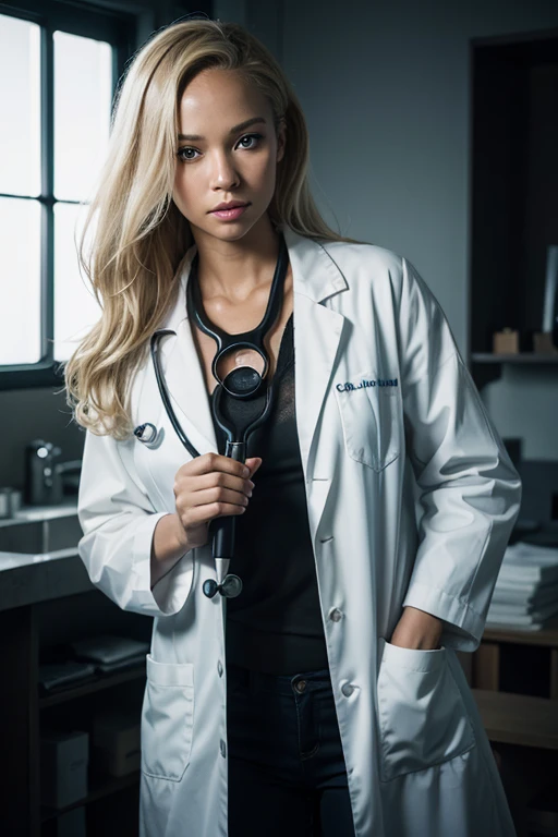 Black girl in white lab coat holding stethoscope ,大きい胸、Best quality, masterpiece, ultra high res, (photorealistic:1.4), raw photo, 1girl, blonde hair, blue eyes, detailed eyes and face, dynamic lighting, in the dark, deep shadow, low key,
