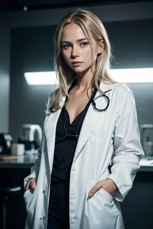  Black girl in white lab coat holding stethoscope ,大きい胸、Best quality, masterpiece, ultra high res, (photorealistic:1.4), raw photo, 1girl, blonde hair, blue eyes, detailed eyes and face, dynamic lighting, in the dark, deep shadow, low key,
