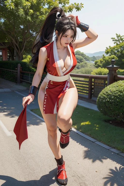 (mai shiranui:1.5), (tabi:1.4), (Full body portrait:1.5), (Realism), (master piece:1.5), (Best Quality), (ultra-detailliert), (8K, 4K, Convoluted), (Flat Lighting:1.2), (skinny), Prestige, Brown eyes, Long hair, brown eyes, long hair, brown hair, white ribbon, sleeveless, ponytail, sash, pelvic curtain, arm guards, gloves, tabi, fascinated expression, Sexy eyes, slim, medium breasts, Smile, Cute, view the viewer, Long hair, Close to Japan temple, (breasts focus:1.2), (Realistic:1.2), light Particle, Lighting, (Highly detailed:1.2), (Detailed face:1.2), (gradients), SFV, Colorful, (Detailed eyes:1.2), Detailed temples of Japan, Detailed background, (Dynamic Angle:1.2), Dynamic Pose, (Line of action:1.2), Wide Shot, Daylight, Solo.