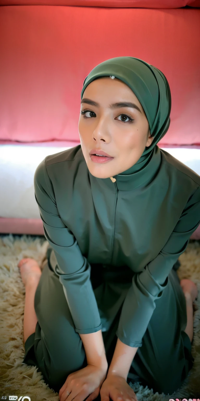 1 matured malay girl in hijab wear wet  green satin bra and panties kneeling, nighttime, neon city lights, upper body, close-up, seducing, big sagging breast, cum on face, (8k, RAW photo, best quality, masterpiece:1.2),(realistic, photo-realistic:1.37),