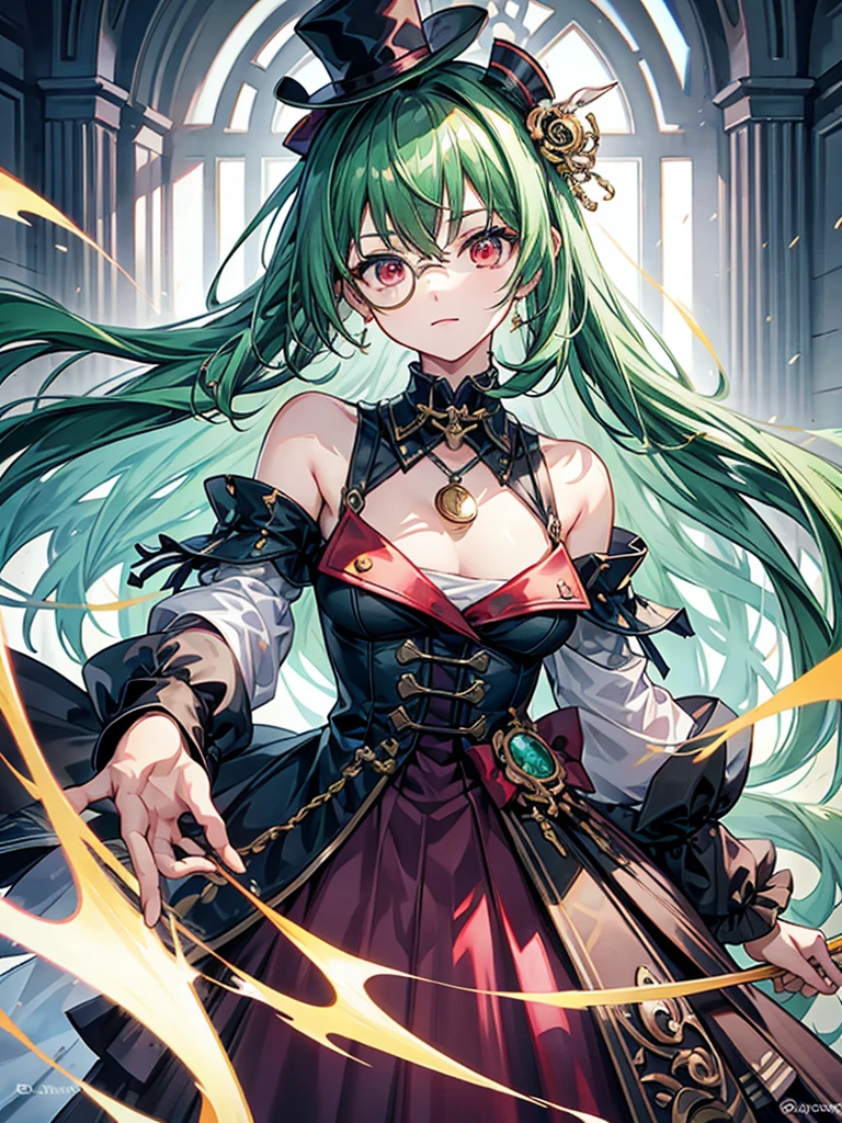 （（（masterpiece、Highest image quality、highest quality、highly detailed unity 8ｋwallpaper）））、（（Illustration of one girl、upper body））、（（（beautiful girl）））、（librarian）、（Emerald green hair、sidelocks：1.2、red eyes、crazy smile）、（（（flat chest）））、monocle、pocket watch、（（（Black top hat、tuxedo）））、grand library