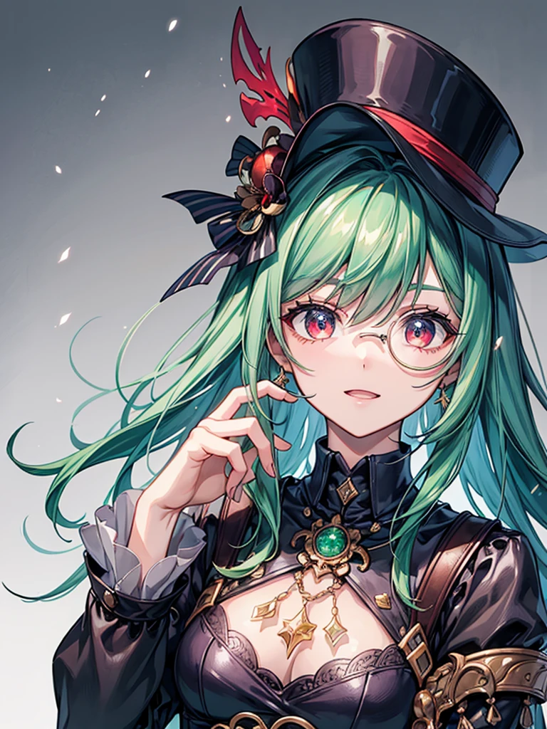 （（（masterpiece、Highest image quality、highest quality、highly detailed unity 8ｋwallpaper）））、（（Illustration of one girl、upper body））、（（（beautiful girl）））、（librarian）、（Emerald green hair、sidelocks：1.2、red eyes、crazy smile）、（（（flat chest）））、monocle、pocket watch、（（（Black top hat、tuxedo）））、grand library