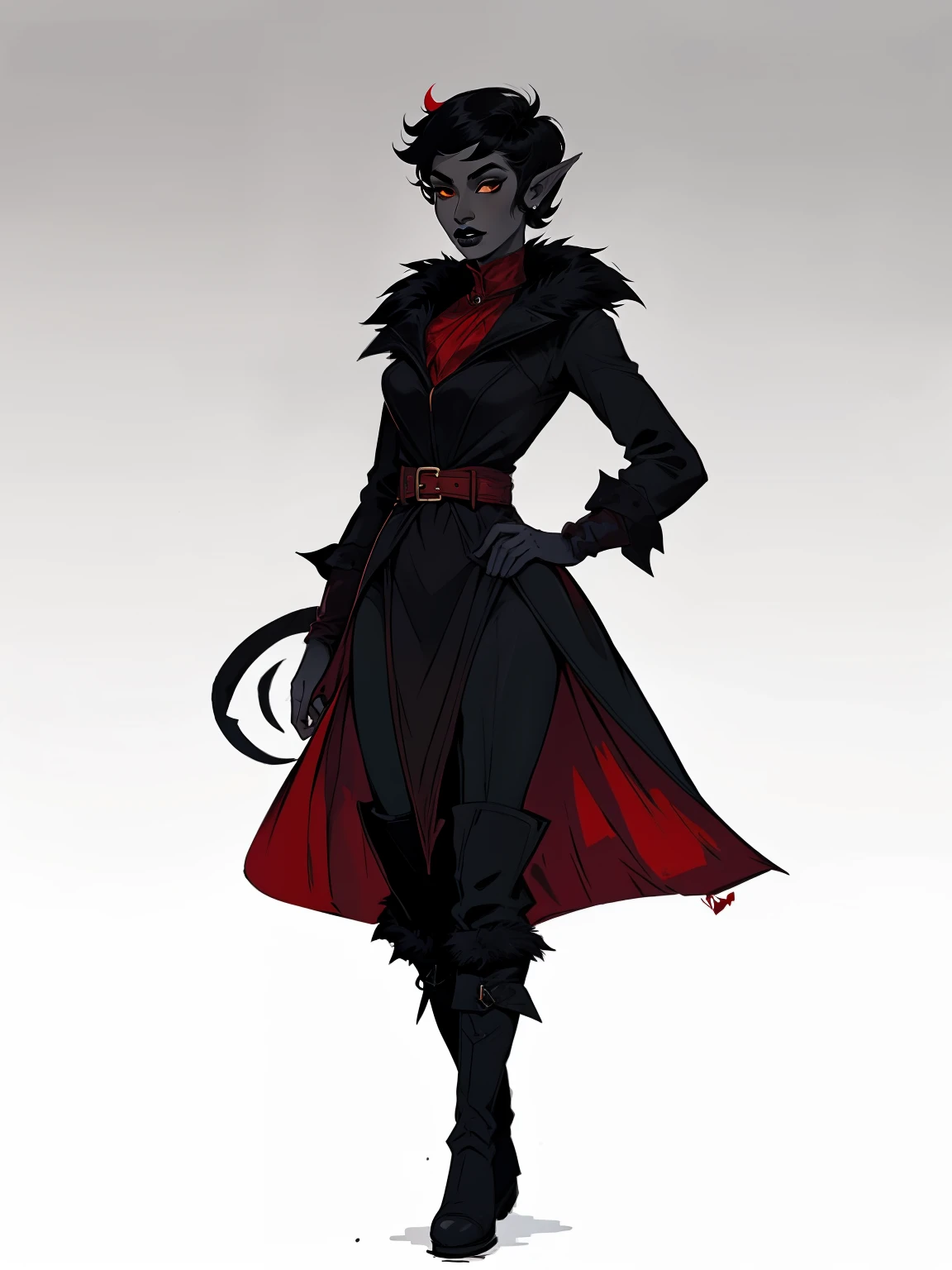 full body portrait, 1girl, short combed hair, pixie cut, combed hair, high forehead, (drow:1.1), black lipstick, fur coat, red shirt, red undercoat, winter clothing, high collar, solo, blank background, white background, outside, gothic fantasy art, pointy ears, high laced boots, intricate clothing