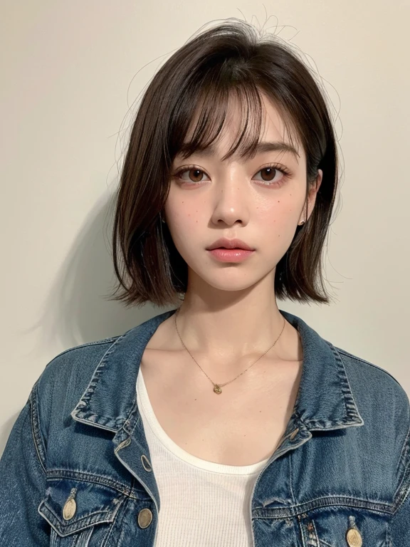 top quality:1.3、​Masterpiece、high resolution、［1 girl in］、｛solo｝、original photo、real person、Photo of an alluring woman with loose brown hair, Potrat、posing in the room, boring, mascara, ,(textured skin, skin pores:1.1), (mole:0.8), (imperfect skin:1.1) intricate details, goosebumps, face perfect, (ceton freckles:0.9), ((Realism):1.1), (born, 8k:1.2), gloomy, pastel colors,、Delicate skin、Japanese、Thin bangs、Berry short hair、jean jacket、Paired with a white T-shirt、spotlight、perforation、A necklace、white wall，skin pores8k