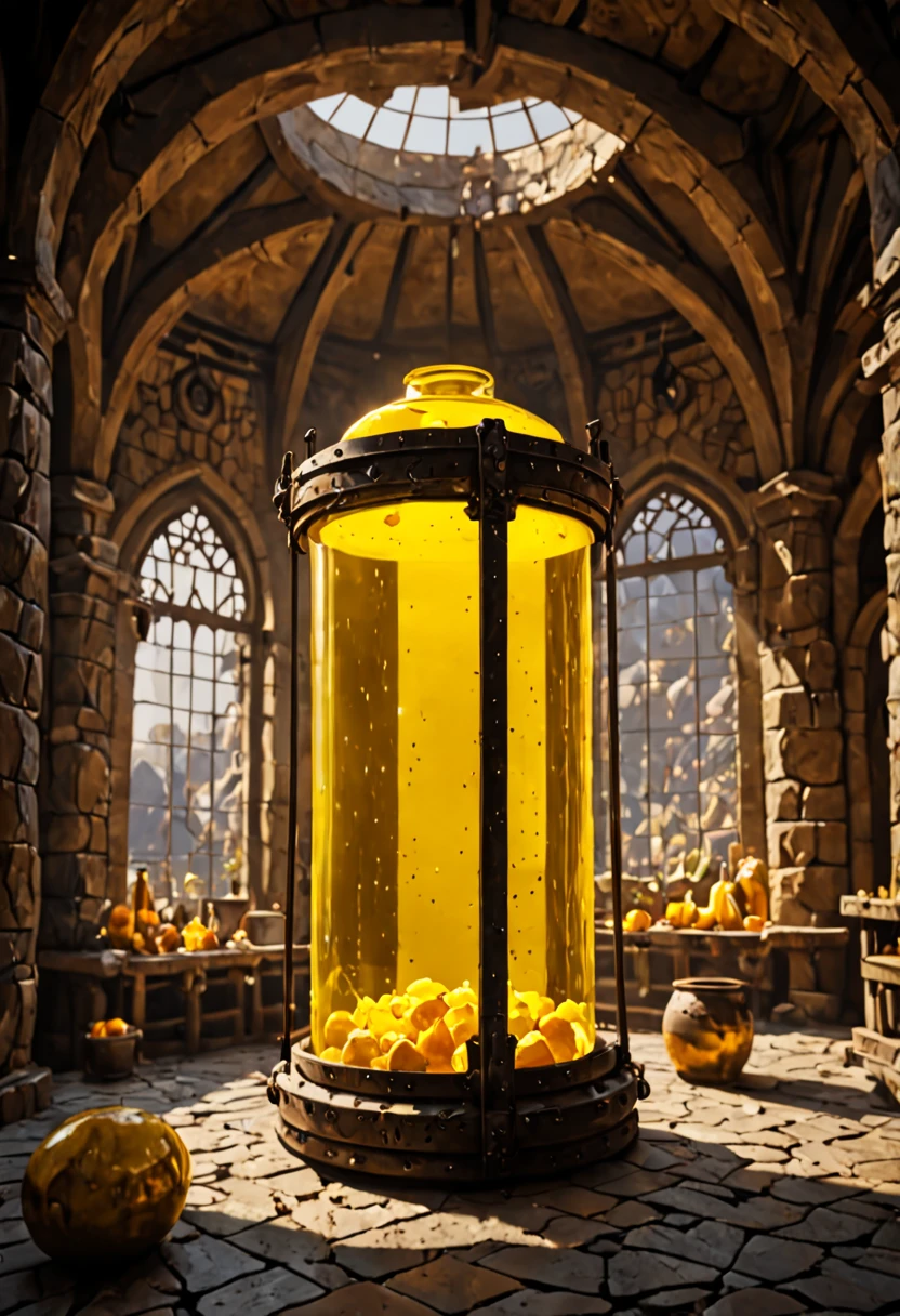 ultra realistic 8k cg, flawless, clean, masterpiece, professional artwork, famous artwork, cinematic lighting, cinematic bloom, (((photo raw)), background), a large yellow glass medieval container with a tavern inside, yellow rock hyperreality, concept photography