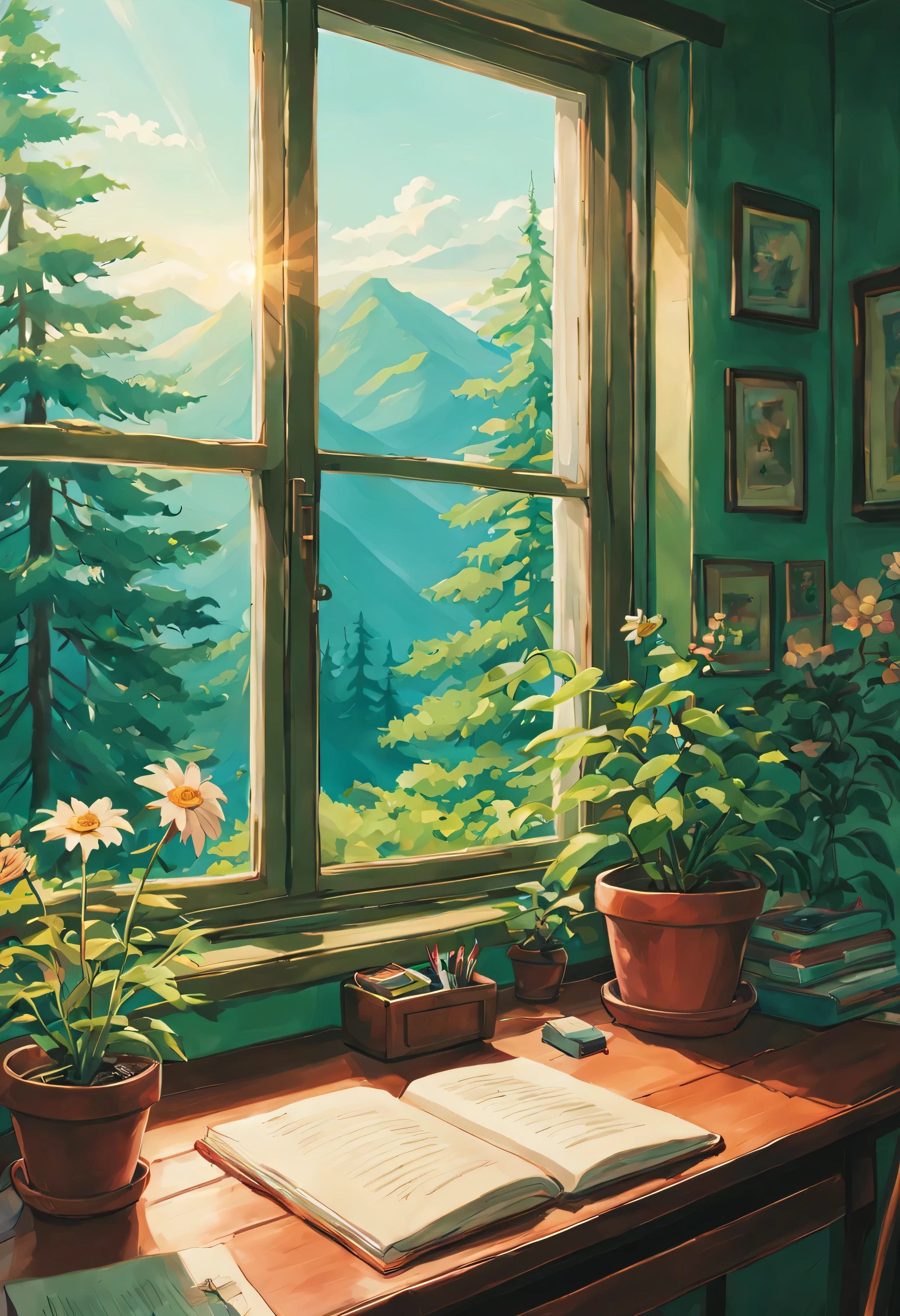 Soft color, studio ghibli, ghibli style, soft tone, lense flare, 90s film style, desk, flower pot, journal, pen. window, forest, hills, Kodak, film grains, hue, anime, Cinematic, high detail, film grain, Fujicolor, UHD, retina, masterpiece, super detail, high details, best quality, 8k, 4K
