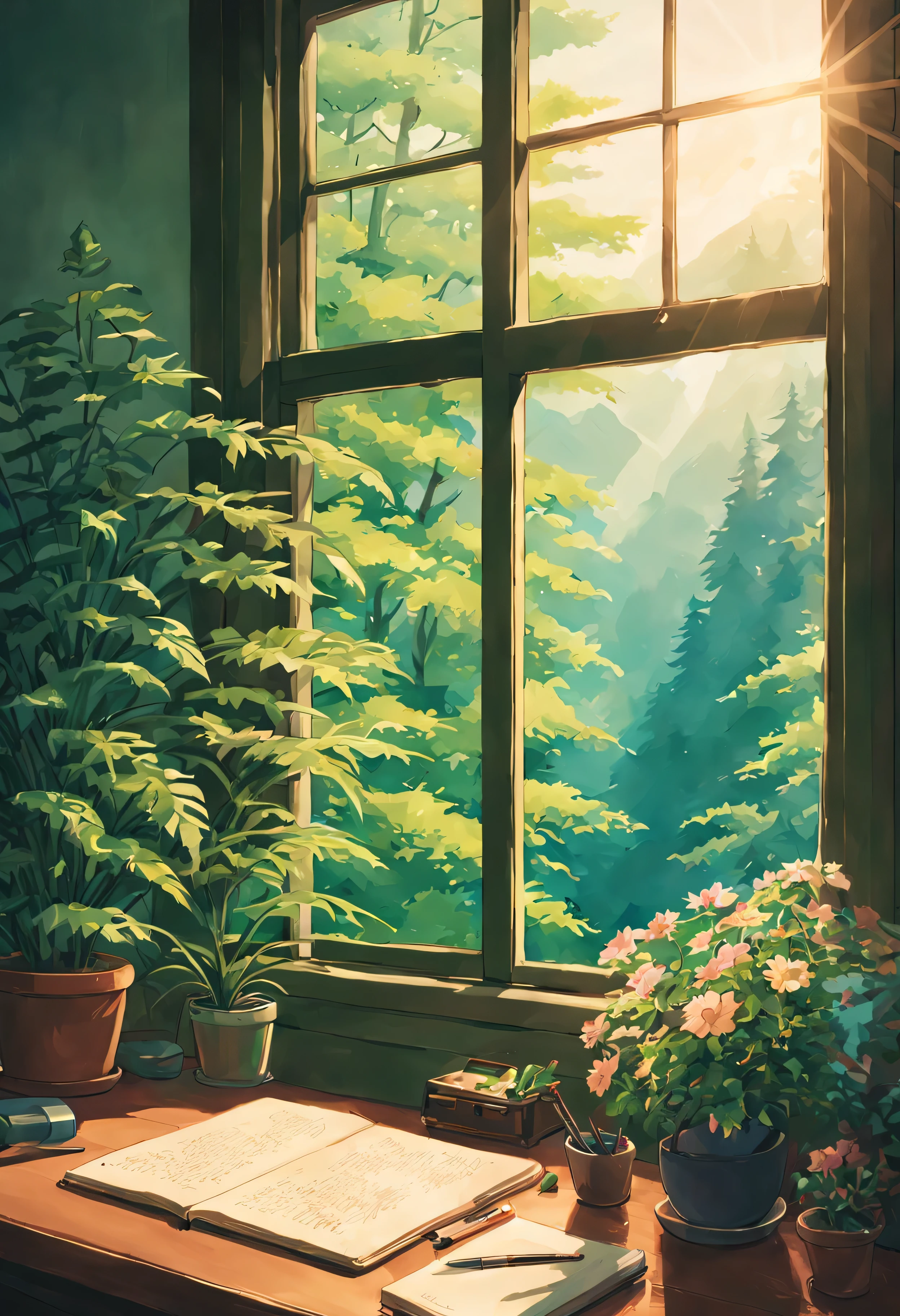 Soft color, studio ghibli, ghibli style, soft tone, lense flare, 90s film style, desk, flower pot, journal, pen. window, forest, hills, Kodak, film grains, hue, anime, Cinematic, high detail, film grain, Fujicolor, UHD, retina, masterpiece, super detail, high details, best quality, 8k, 4K