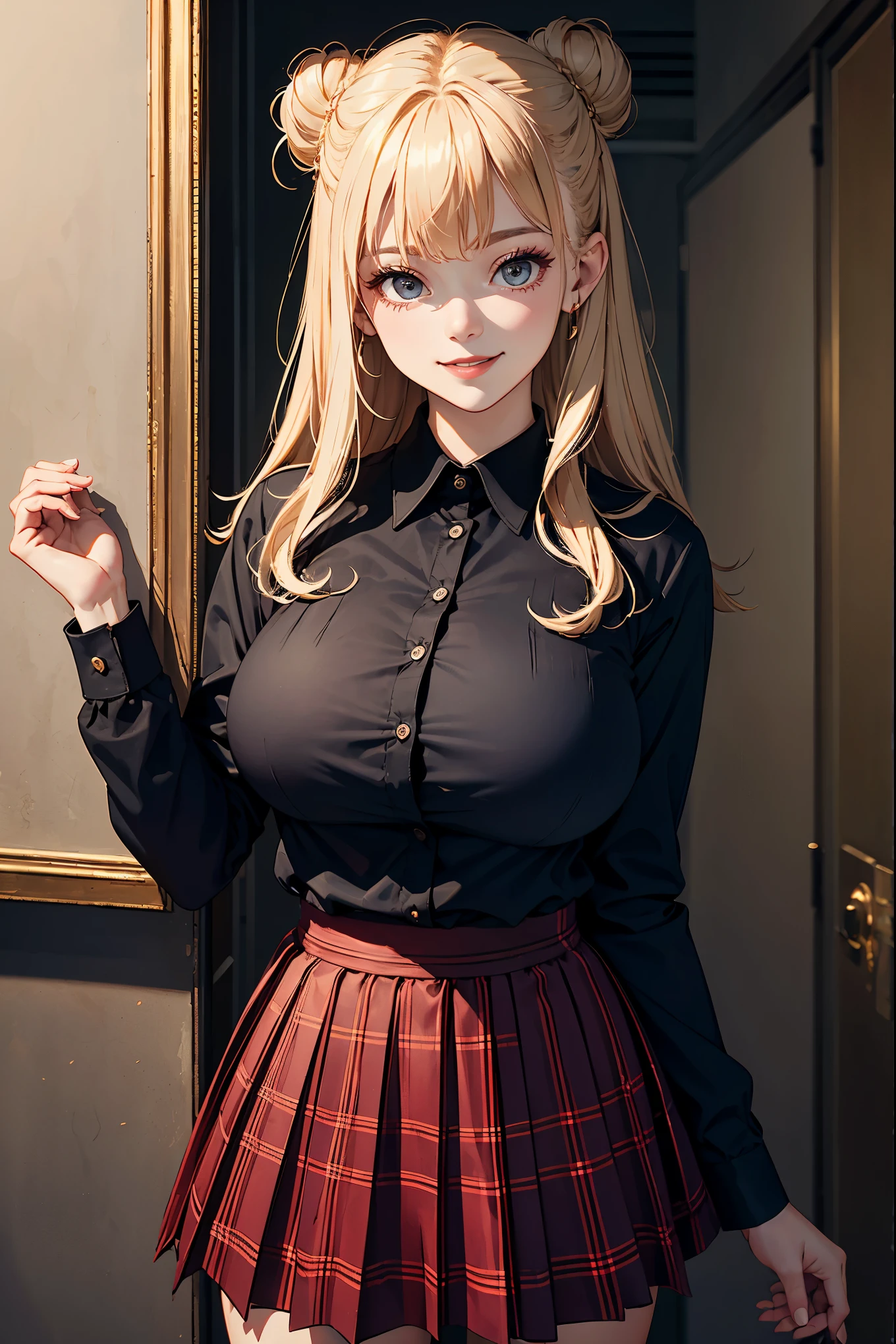 (masterpiece:1.4)、(highest quality:1.4)、ultra high resolution、beautiful features、20 year old woman、blonde bun hair、black long sleeve collared shirt、Plaid pleated skirt、black tights、(huge breasts:1.2)、red face、smile、Stand against the wall