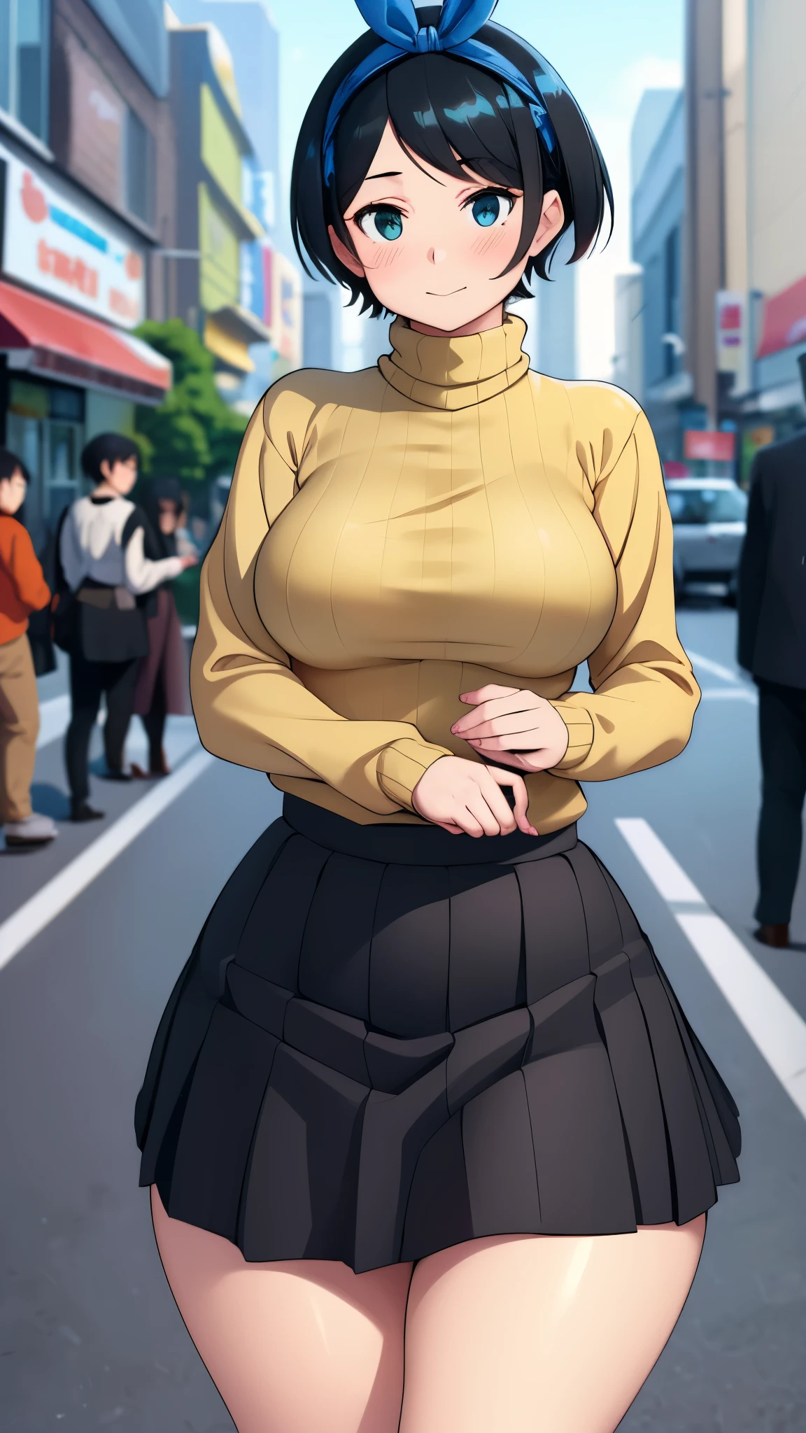 ((Masterpiece)), perfect anatomy, perfect shading, field of depth, (best quality), extremely delicate and beautiful, perfect lighting, detailed face, ultra cute face, cute, (cowboy shot 1.2), (((1girl))), ((solo)), looking at viewer,

((((Sarashina Ruka)))), ((blue hairband)), ((tan turtleneck sweater)), ((black pleated skirt)), ((blush)) sweet smile, medium breasts, perky breasts, (wide hips), ((thick thighs)), 

Japanese city, street, intricate background, detailed background, standing, 