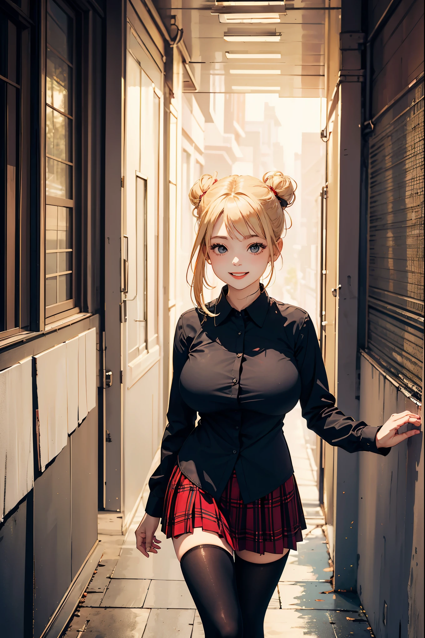 (masterpiece:1.4)、(highest quality:1.4)、ultra high resolution、beautiful features、20 year old woman、blonde bun hair、black long sleeve collared shirt、Plaid pleated skirt、black tights、(huge breasts:1.2)、red face、smile、Stand against the wall
