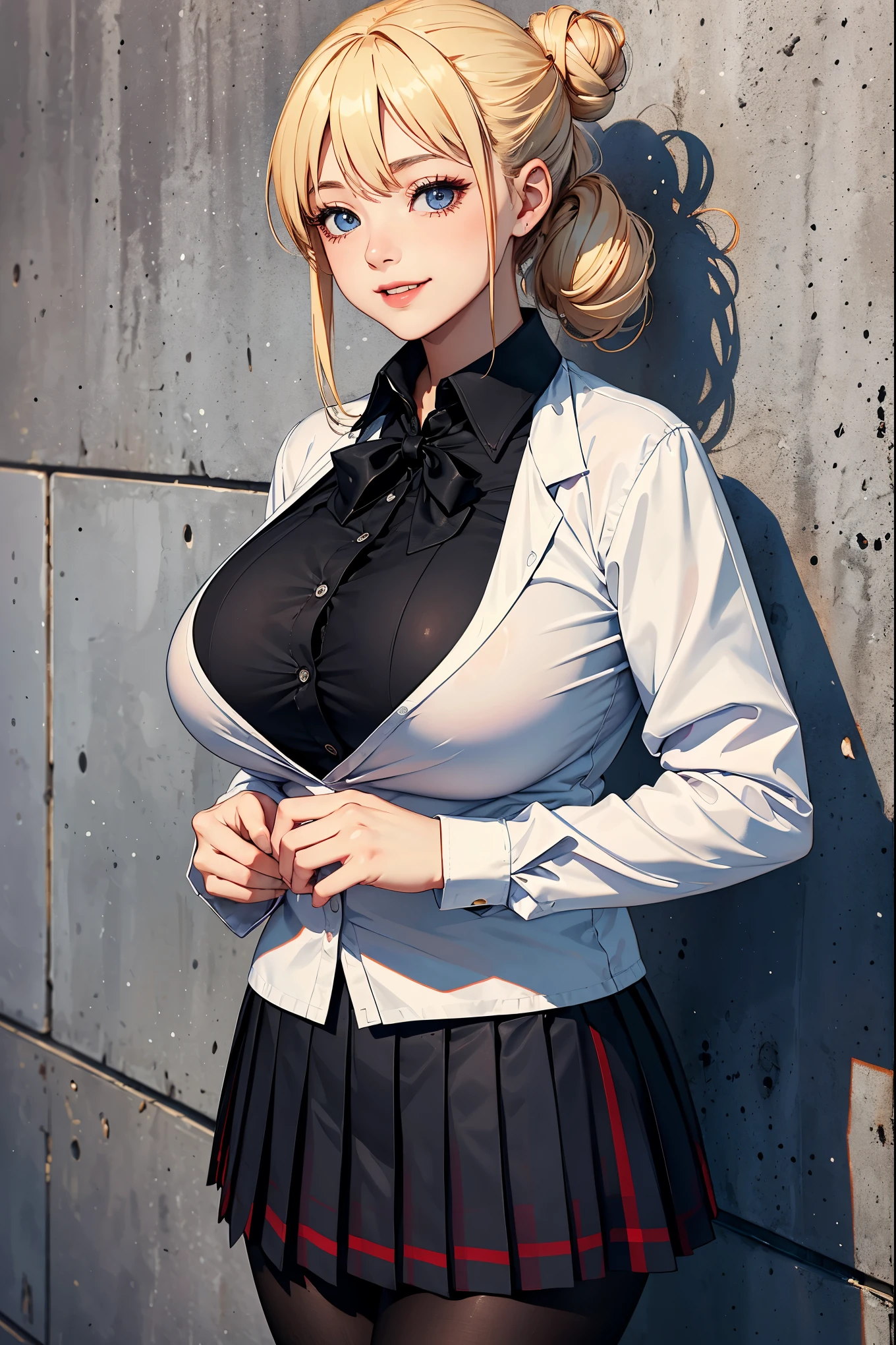 (masterpiece:1.4)、(highest quality:1.4)、ultra high resolution、beautiful features、20 year old woman、blonde bun hair、black long sleeve collared shirt、Plaid pleated skirt、black tights、(huge breasts:1.2)、red face、smile、Stand against the wall