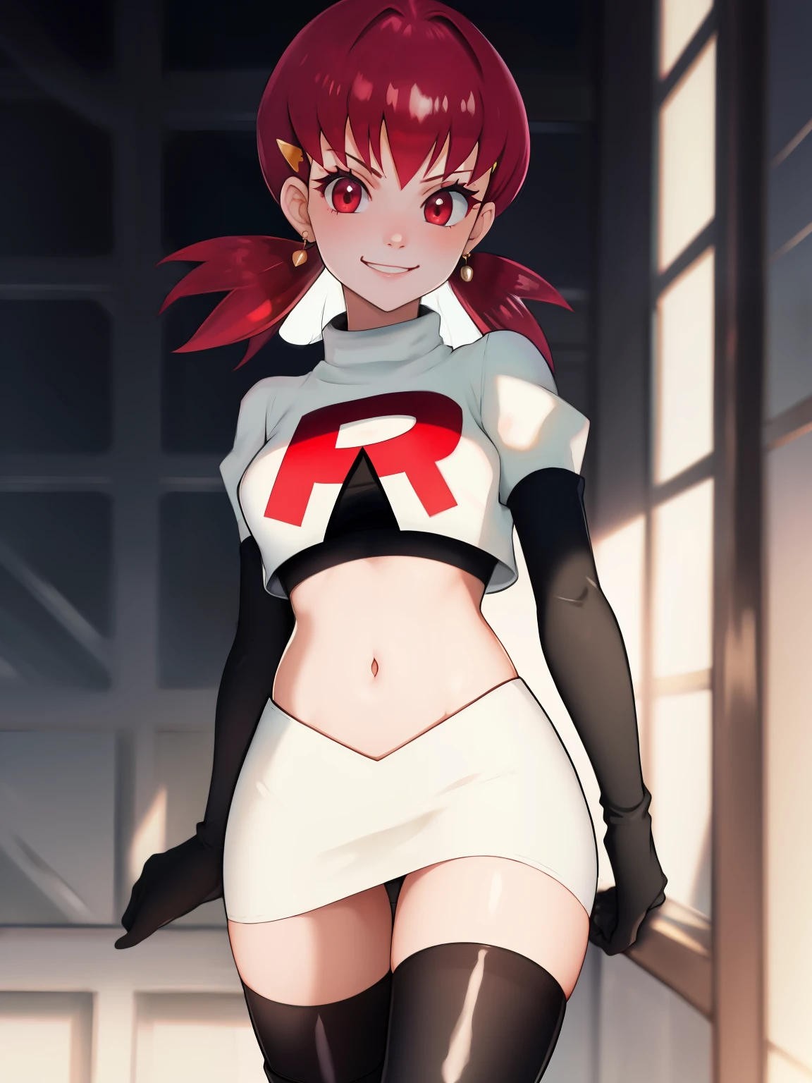 defwhitney, hair ornament ,glossy lips, earings ,team rocket uniform, red letter R, white skirt,white crop top,black thigh-high boots, black elbow gloves, closed mouth, evil smile