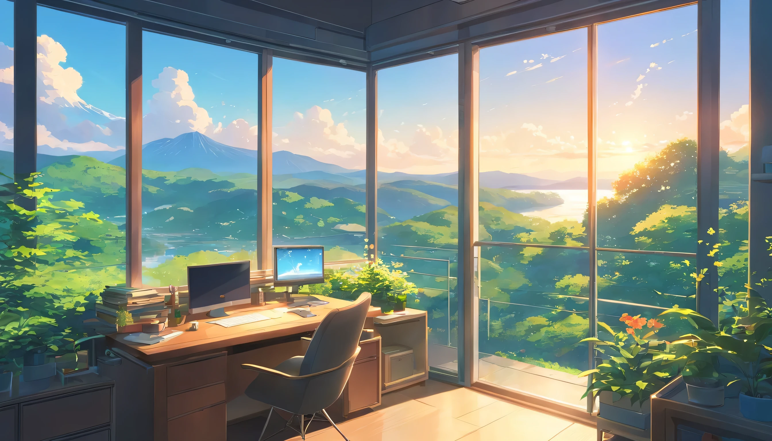 unmanned, cozy study desk, large window overlooking beautiful nature scenery, (staring at the scenery), floral notebooks