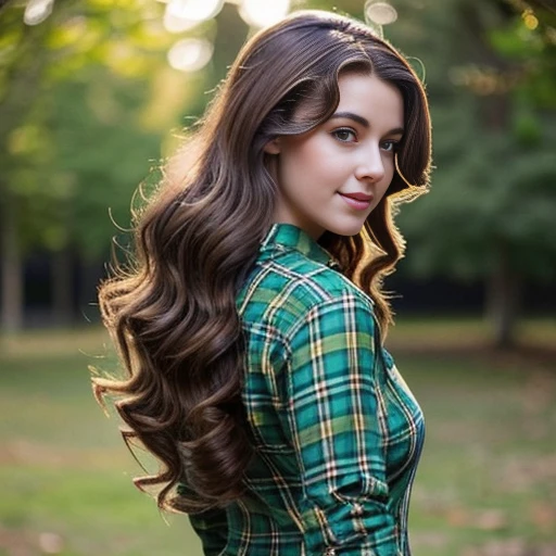 A half Body Photo of a beautiful brunette Scottish girl, green eyes, messy beehive hair style, natural skin complexion, slim with curves, tartan shirt, outdoor background, soft lighting, captured by {randomly selected} photographer. This image looks glamorous and elegant in style and outdoor background that was recognized as a contest winner. It has been featured on CG Society. Cinematic