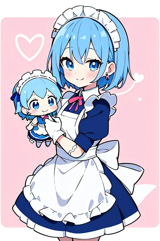 cute anime blue haired girl with pink doll and blue ribbon, maid, blue eyes, blue hair, maid headdress, apron, gloves, short hair, dress, heart, smile, white gloves, doll joints, jewelry, maid apron, joints, earrings, blush