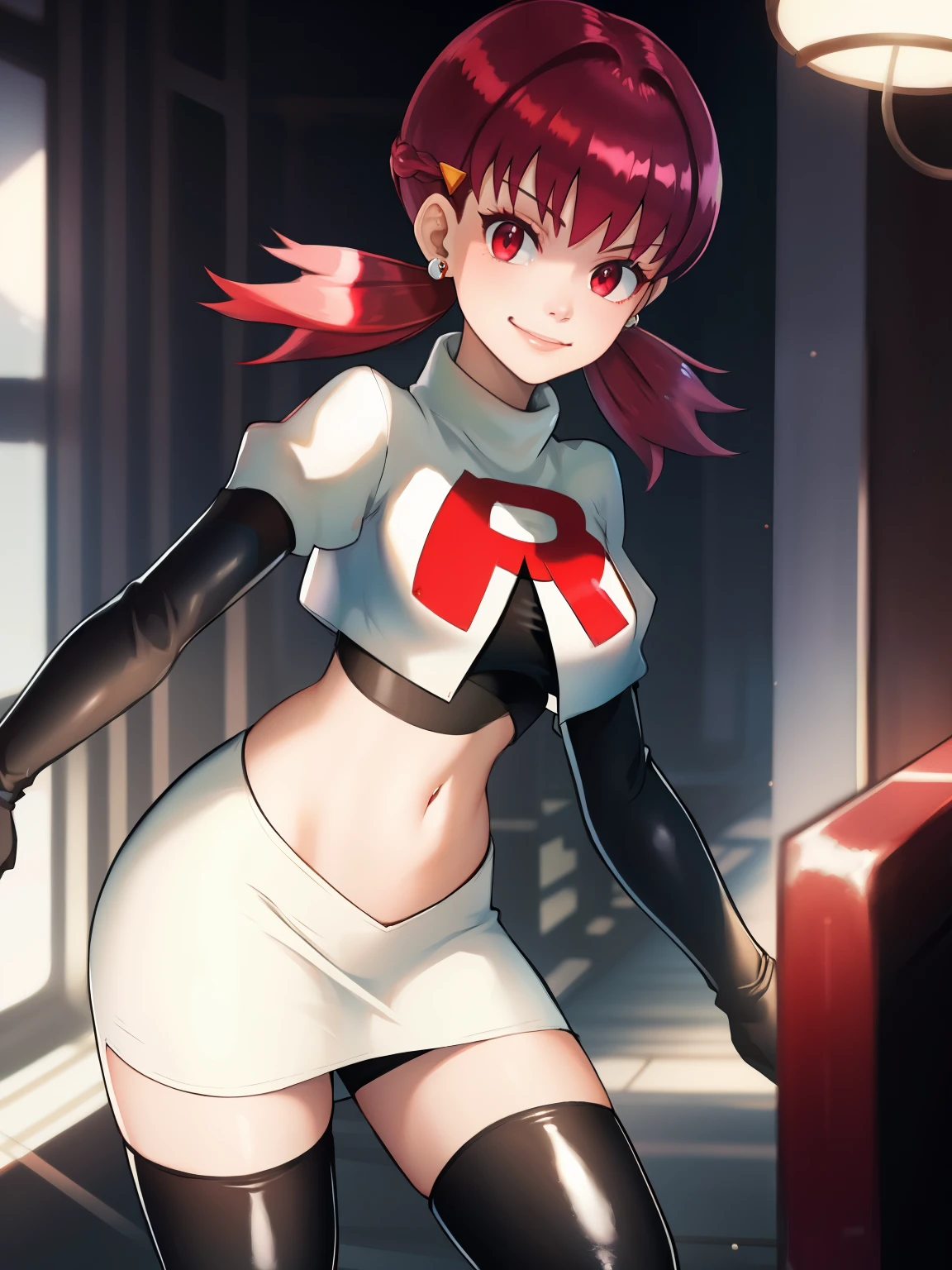 defwhitney, hair ornament ,glossy lips, earings ,team rocket uniform, red letter R, white skirt,white crop top,black thigh-high boots, black elbow gloves, closed mouth, evil smile