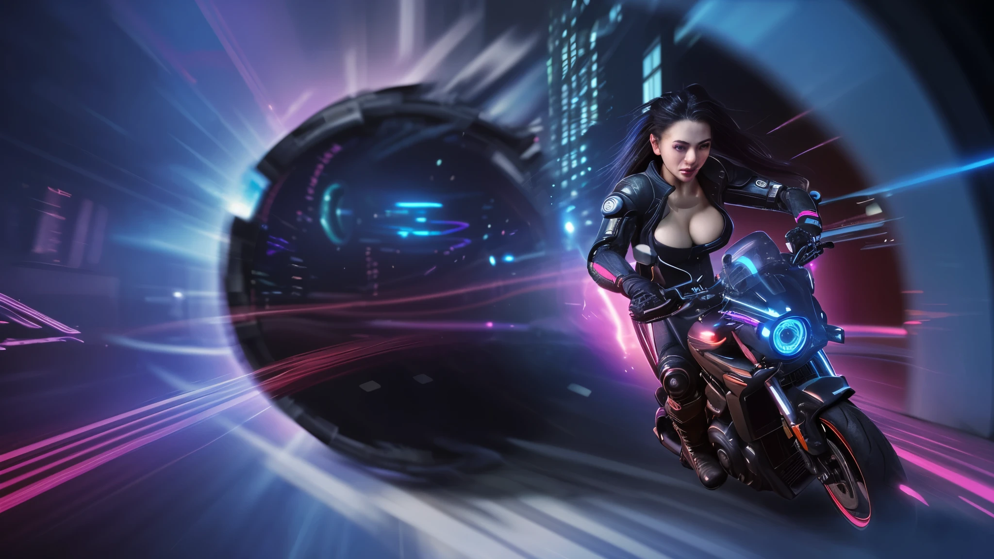 a sexy female motorcyclist is speeding through a scifi wormhole, cyberpunk street as background