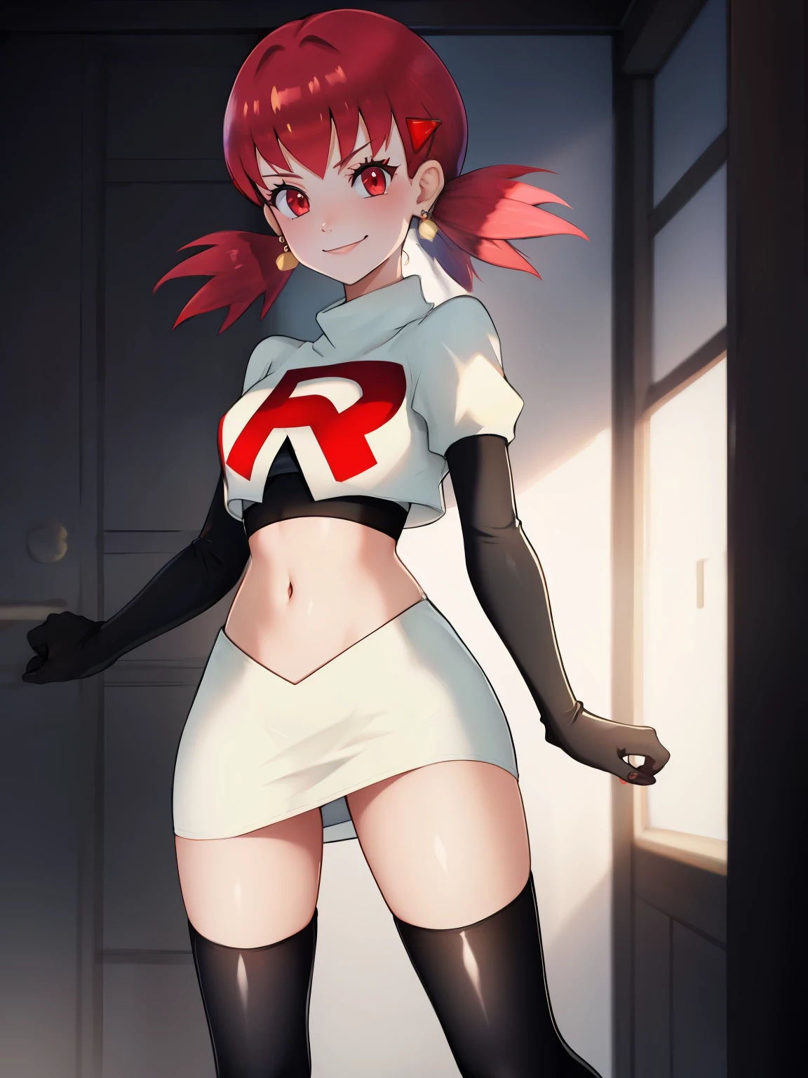 defwhitney, hair ornament ,glossy lips, earings ,team rocket uniform, red letter R, white skirt,white crop top,black thigh-high boots, black elbow gloves, closed mouth, evil smile