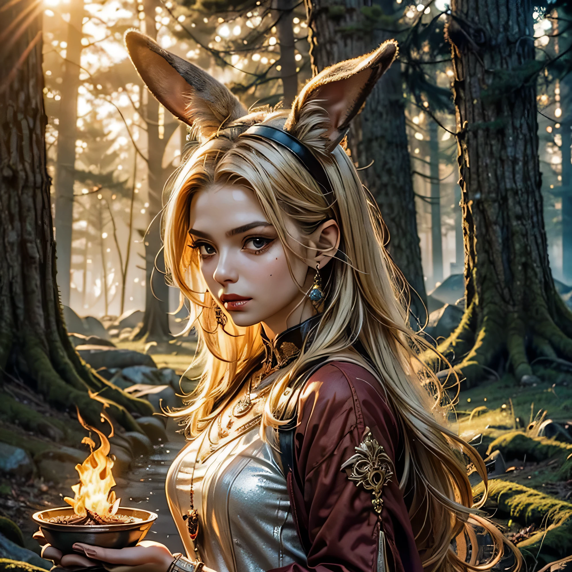 Fantasy, RPG, Dragon Quest, dragon, Bianca, close-up of her face. She is in the background. Gaze, cute, girl, Bianca's clothes, magic ((holds flame)), upper body, ((wears rabbit ears)), orange clothes, lace, beautiful clothes, beautiful hands, white skin, red cheeks, red lips , no make-up, beautiful perfect hands, blonde, pride, strength (((fantasy forest, glitter) ), light, morning sun, morning mist, fog, forest, trees))),  fire, 16 years old, real images, real,
