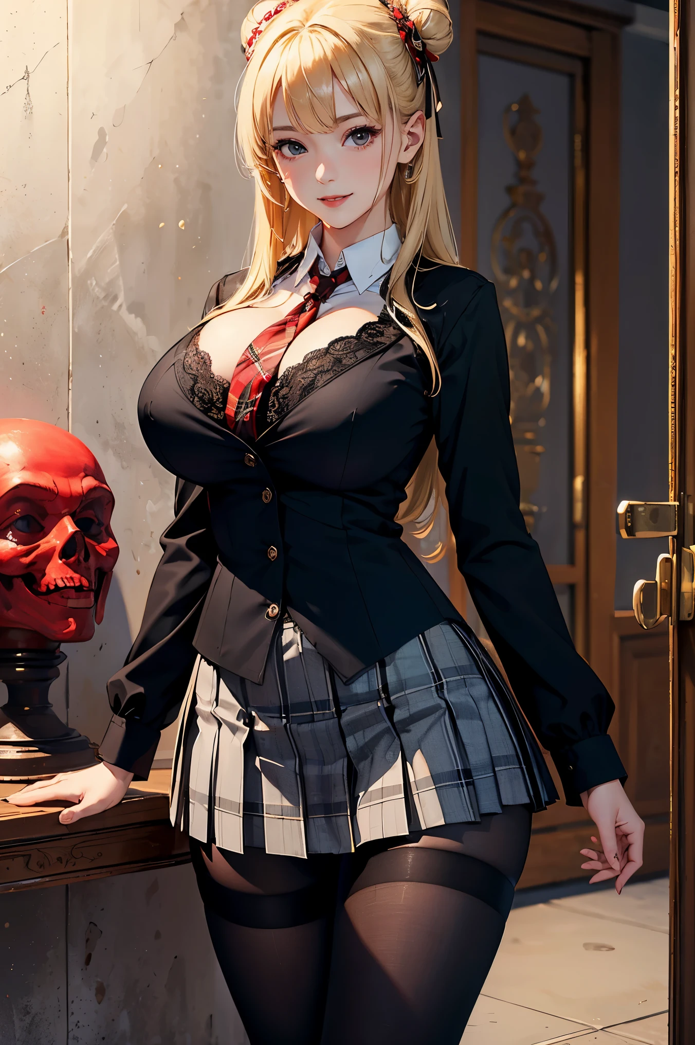 (masterpiece:1.4)、(highest quality:1.4)、ultra high resolution、beautiful features、20 year old woman、blonde bun hair、black long sleeve collared shirt、Plaid pleated skirt、black tights、(huge breasts:1.2)、red face、smile、Stand against the wall