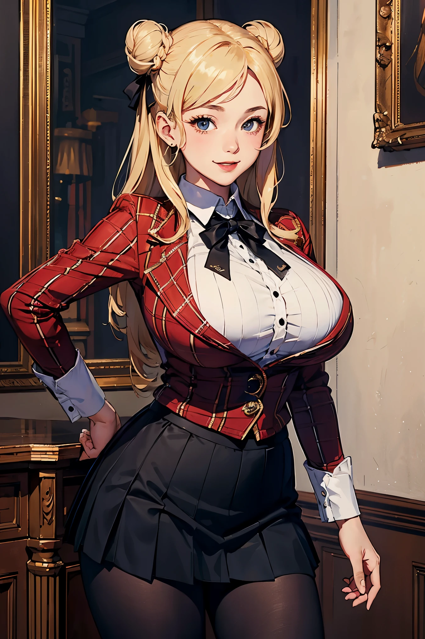 (masterpiece:1.4)、(highest quality:1.4)、ultra high resolution、beautiful features、20 year old woman、blonde bun hair、black long sleeve collared shirt、Plaid pleated skirt、black tights、(huge breasts:1.2)、red face、smile、Stand against the wall