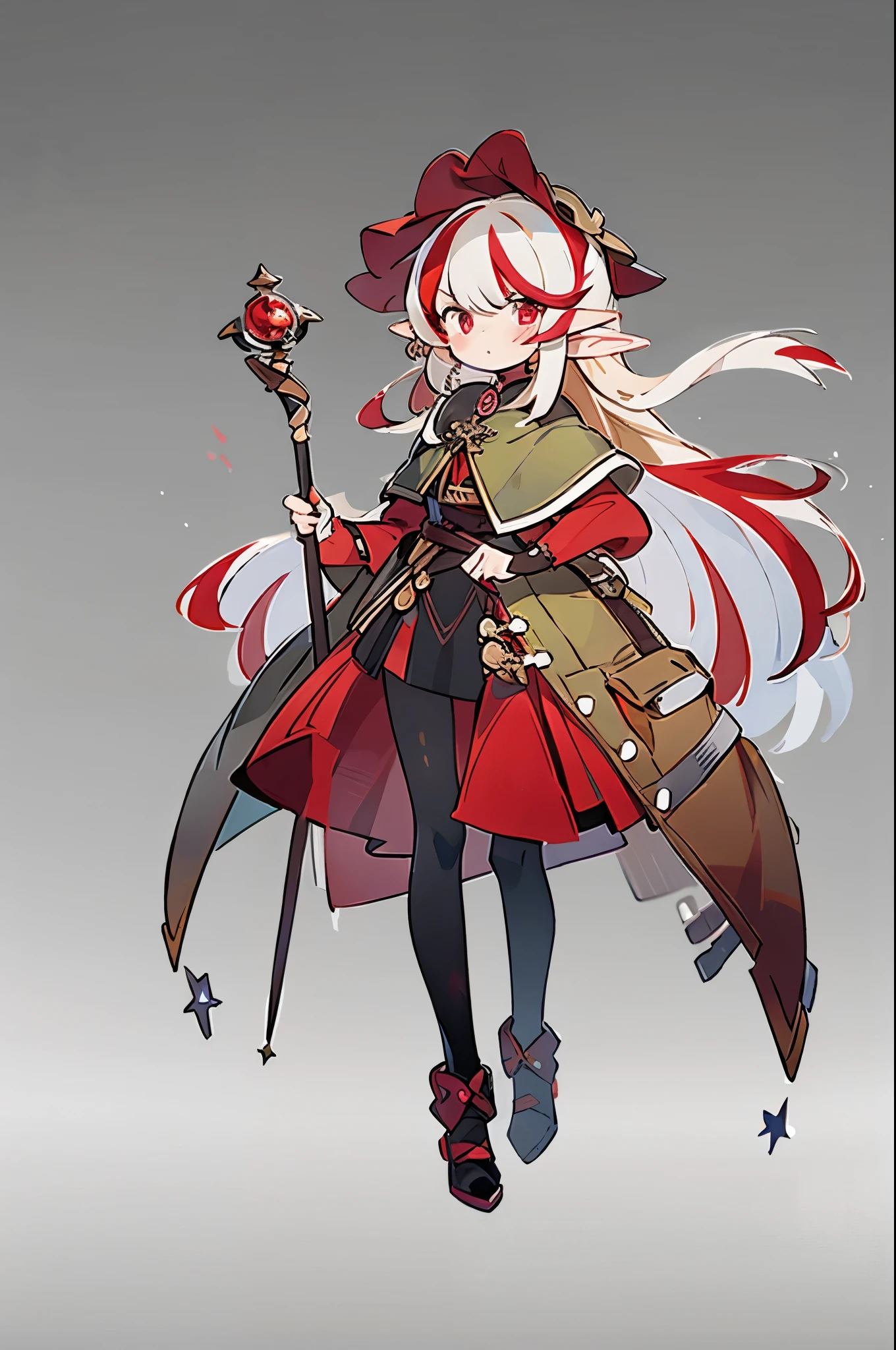 ((masterpiece)), ((best quality)), 1girl, solo, Concept art, standing figure painting, (elf), BREAK blonde long hair, ((highlights hair, red streaked hair)), red cool eyes, BREAK (red and black theme), wizard costume, having a magical staff, BREAK ((no background, white background))