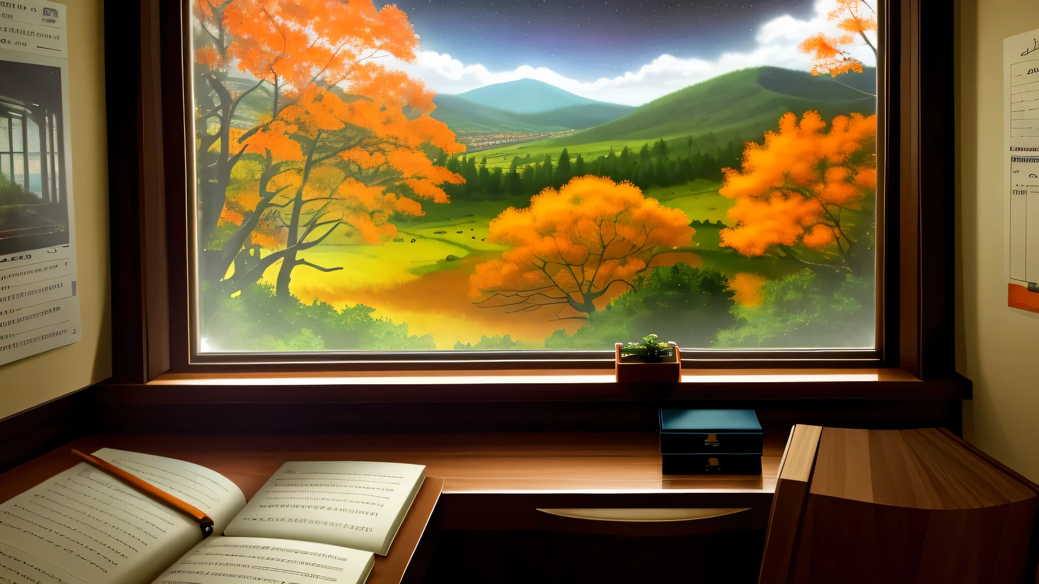 unmanned, cozy study desk, large window overlooking beautiful nature scenery, (staring at the scenery), night, orange light, dim, floral notebooks