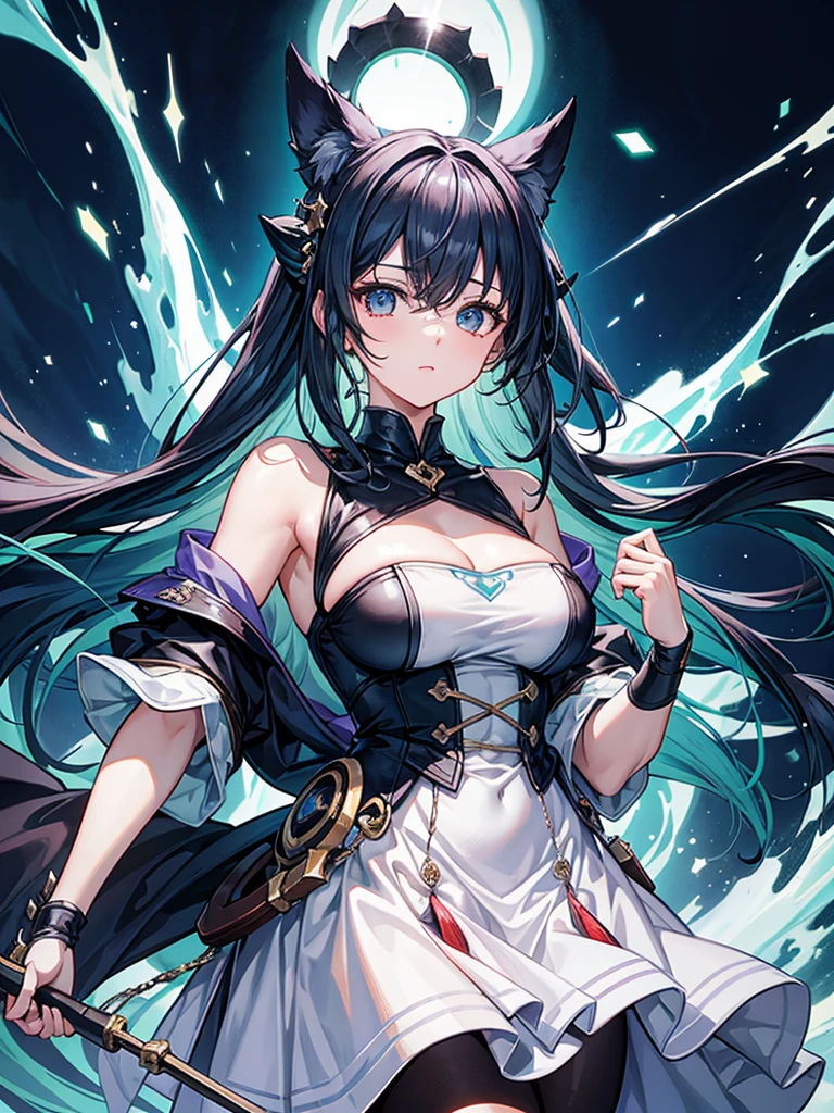 Cat Ear Girl, galaxy hair, multicolor hair, blue eyes, big breast, sad expression, black cat collar, no human ears visable