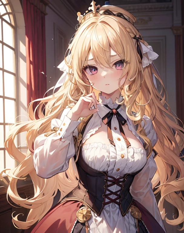 masterpiece,1girl, sparrow, a blonde haired girl, wearing a princess uniform, curly long hair, messy hair, victorian dress, crown, slim body, medium breasts, she close her left eye, shirt ornament, ppai, serious face, beautiful breasts, rounded breasts, crimson eyes