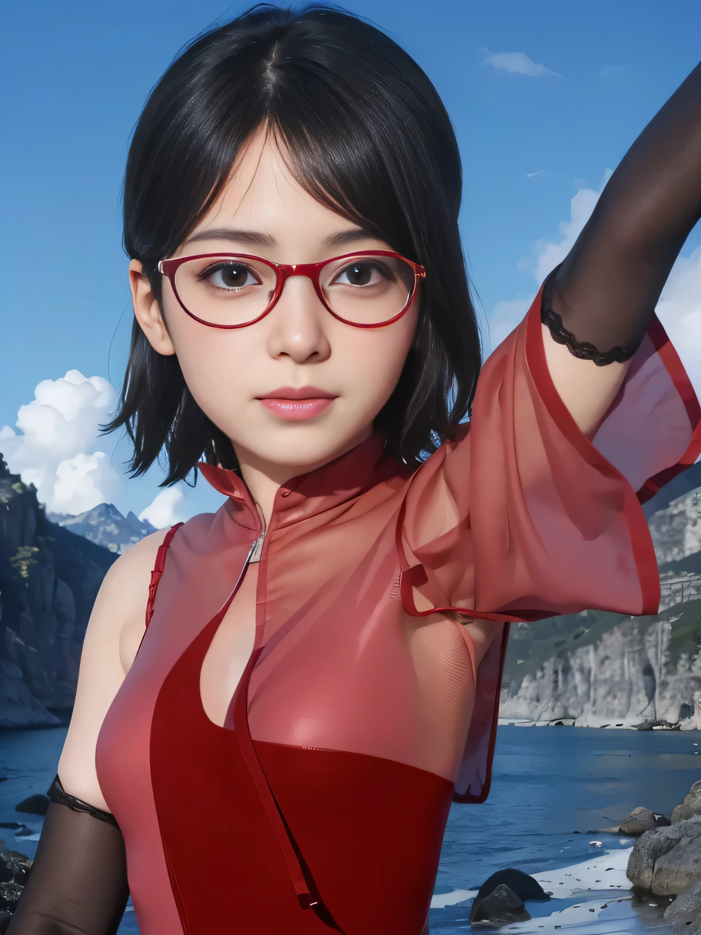 masterpiece, best quality, (realistic,photo-realistic:1.4), (RAW photo:1.2), extremely detailed CG unity 8k wallpaper, delicate and beautiful, amazing,finely detail, official art, absurdres, incredibly absurdres, huge filesize, ultra-detailed,extremely detailed eyes and face,light on face,little smile,sarada,(wearing red framed glasses:1.3),(wearing lingerie:1.4)