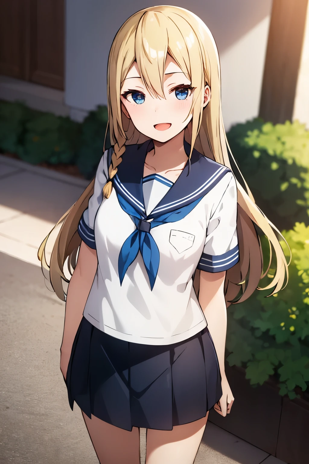 best quality, (masterpiece:1.2), detailed,
1girl, solo, smile, open mouth, light blush,
blonde hair, blue eyes, long hair, single braid,
serafuku, sailor collar, dark blue skirt,
standing, looking at the viewer,
outdoors