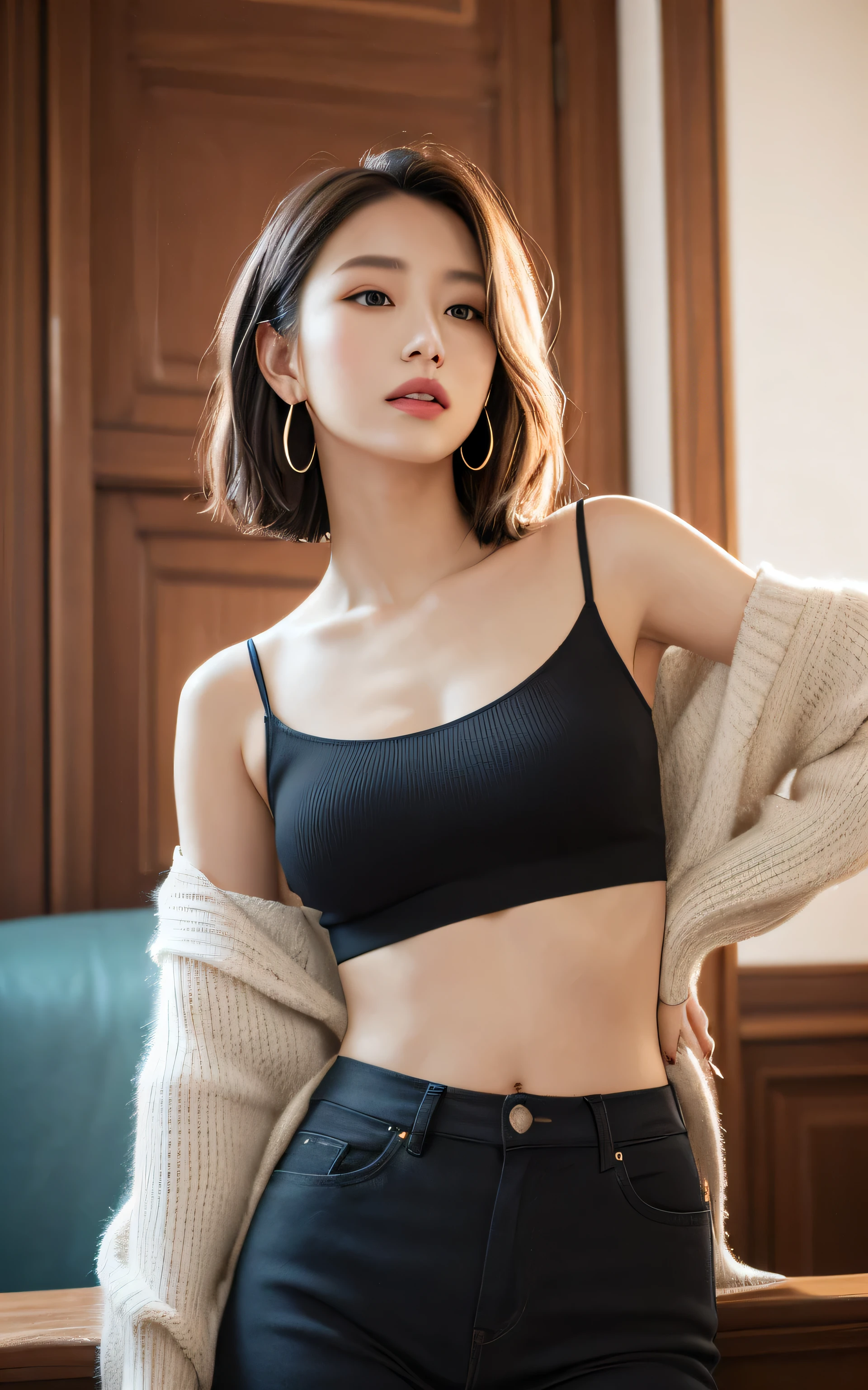 masterpiece, best quality, solo, 1girl, luminous skin, hoop earrings, glamorous, whimsical details, slicked hair, mesmerizing, bare shoulder, crop top, long pants, shallow depth of field, contrapposto, professional model, face front, portrait 