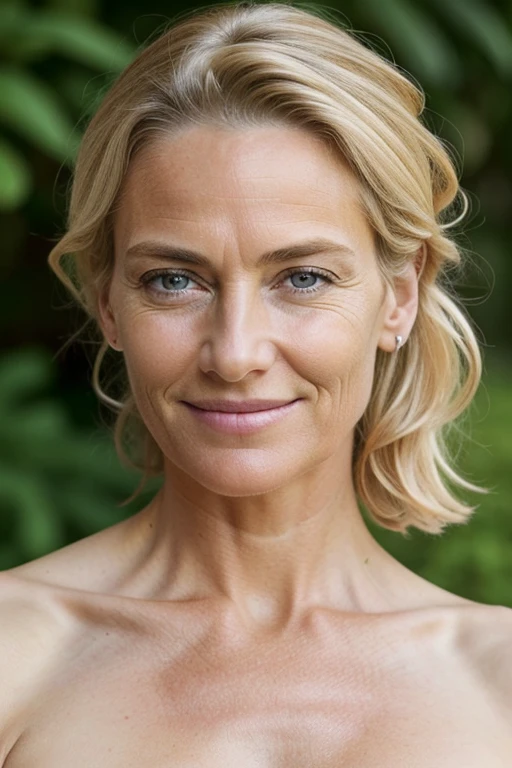 50yo european woman, mature, beautiful female arafed model, eye wrinkle , wrinkles around mouth, forehead wrinkle, attractive beautiful face, blond hair with blond highlights, big saggy boobs, fotorealistisch, Sommersprossen Gesicht, Cinematically beautiful natural skin, fit body, beautiful model girl, guckt direkt in die Kamera, RAW Fotografie sehr realistisch, naked, shot taken from hip height, smile, hair tied up, bags under the eyes, full body, pubic hair