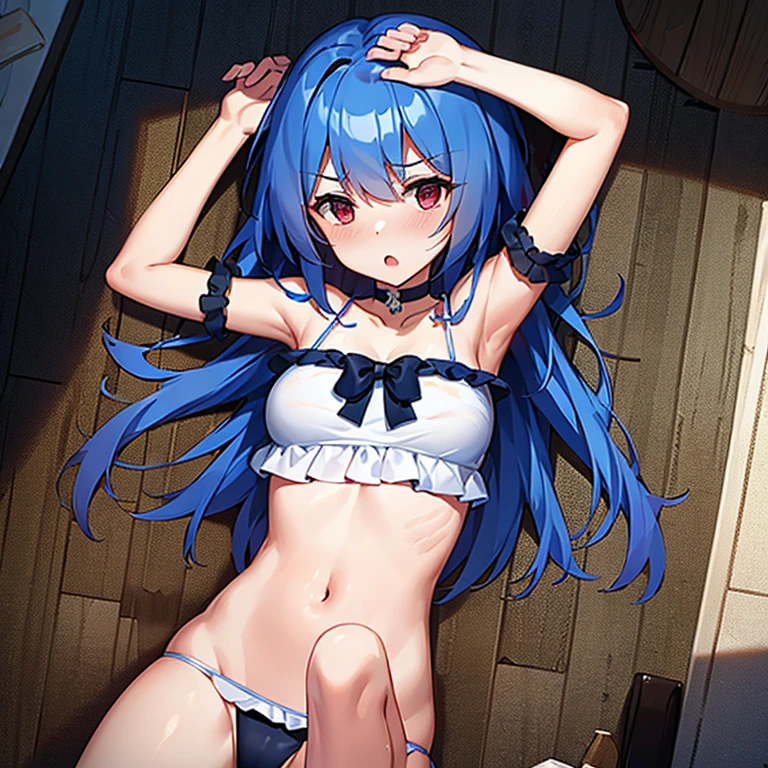 (masterpiece, best quality)a girl,white bikini,lying on white bed,spread legs,detail,soaking wet,get wet,blush,Awkward,Fear
