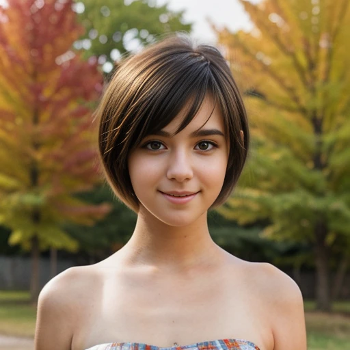 A portrait of a young beautiful girl, smiling, Asymmetrical Cut hair style, fall dress, outdoor view, captured by {randomly selected]} photographer. This image, characterized by its Minimalism style and outdoor  background that was recognized as a contest winner. It has been featured on CG Society.