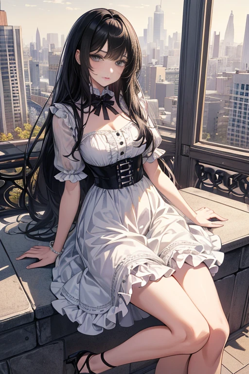 masterpiece++, best quality++, ultra-detailed+, extremely detailed++, 4K, 8K+, best quality, beautiful+, anime style,1person,full body image,summer,citypark,white lacefrill mini slipdress,narrow leather belt bound waist,beautiful straight black hair,beautiful black eyes, beautiful eyes++,long straight hair