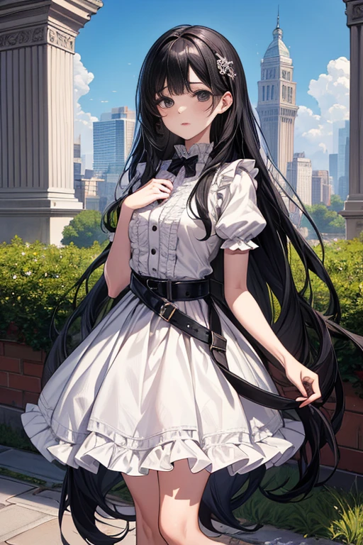 masterpiece++, best quality++, ultra-detailed+, extremely detailed++, 4K, 8K+, best quality, beautiful+, anime style,1person,full body image,summer,citypark,white lacefrill mini slipdress,narrow leather belt bound waist,beautiful straight black hair,beautiful black eyes, beautiful eyes++,long straight hair