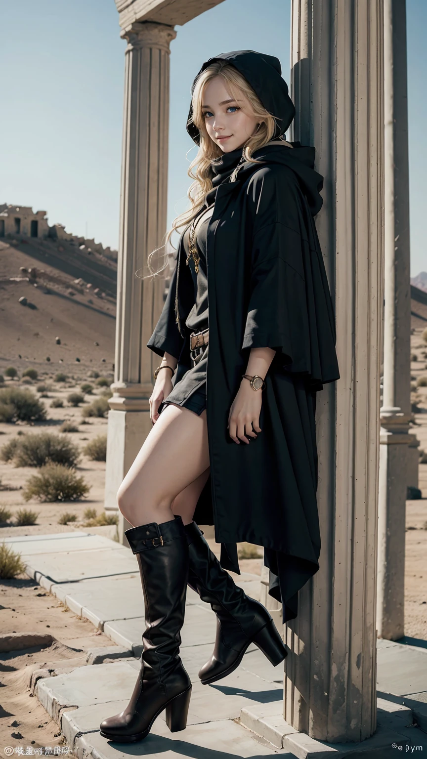 22-year-old Caucasian female、hair color is blonde、blue eyes、long hair、The ends of your hair are wavy、hair is set、accessories on wrist、Wearing a cloak that covers the whole body、wearing a hood、Wearing a scarf、covering the mouth with a muffler、Inside a ruin lined with columns in the desert、smile、hand on stone pillar