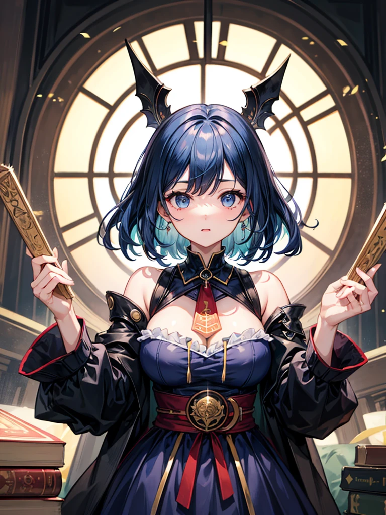 (((masterpiece、Highest image quality、highest quality、highly detailed unity 8kwallpaper)))、((Illustration of one girl、upper body))、(((beautiful girl)))、(librarian)、blue hair、(stocky build, thickset physique:1.3, broad shoulders, solid chest)、big breasts、librarian服、grand library