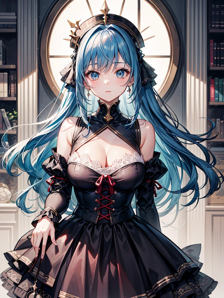 (((masterpiece、Highest image quality、highest quality、highly detailed unity 8kwallpaper)))、((Illustration of one girl、upper body))、(((beautiful girl)))、(librarian)、blue hair、(stocky build, thickset physique:1.3, broad shoulders, solid chest)、big breasts、librarian服、grand library