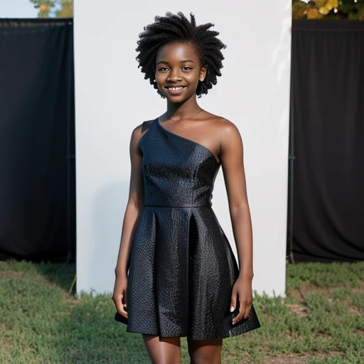  a young beautiful black girl, smiling, Asymmetrical Cut hair style, fall dress, outdoor view, captured by {randomly selected]} photographer. This image, characterized by its Minimalism style and outdoor  background that was recognized as a contest winner. It has been featured on CG Society.