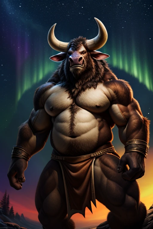 ((Best quality)), ((Masterpiece)), (Detailed), visage parfait, yeux parfait, detailed eyes, anthro (tauren), male, alone, (tauren), worlf of warcraft, (angle inférieur (paysage montagne, nuit, neige, lake, aurora borealis, mystical atmosphere, starry sky), chubby, furry art, (bulgen loincloth), light body scars, dad body, hairy chest, bovid body, bovid face, bovid tail, bull horn, furr body, digital art, costaud, corps poilu, canine tooth, expressive position, hd, dark shadows, wide dynamic range, hdr, low light:1.2, moonlight, par mystikfox61, par darkgem, par Glitter Trap Boy, par bebebebebe
