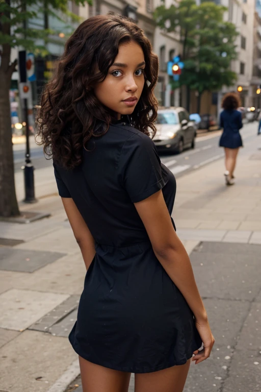 black woman with blue eyes and curly brown hair. she has short dress and shirt stands with her back to the camera in the middle of the city