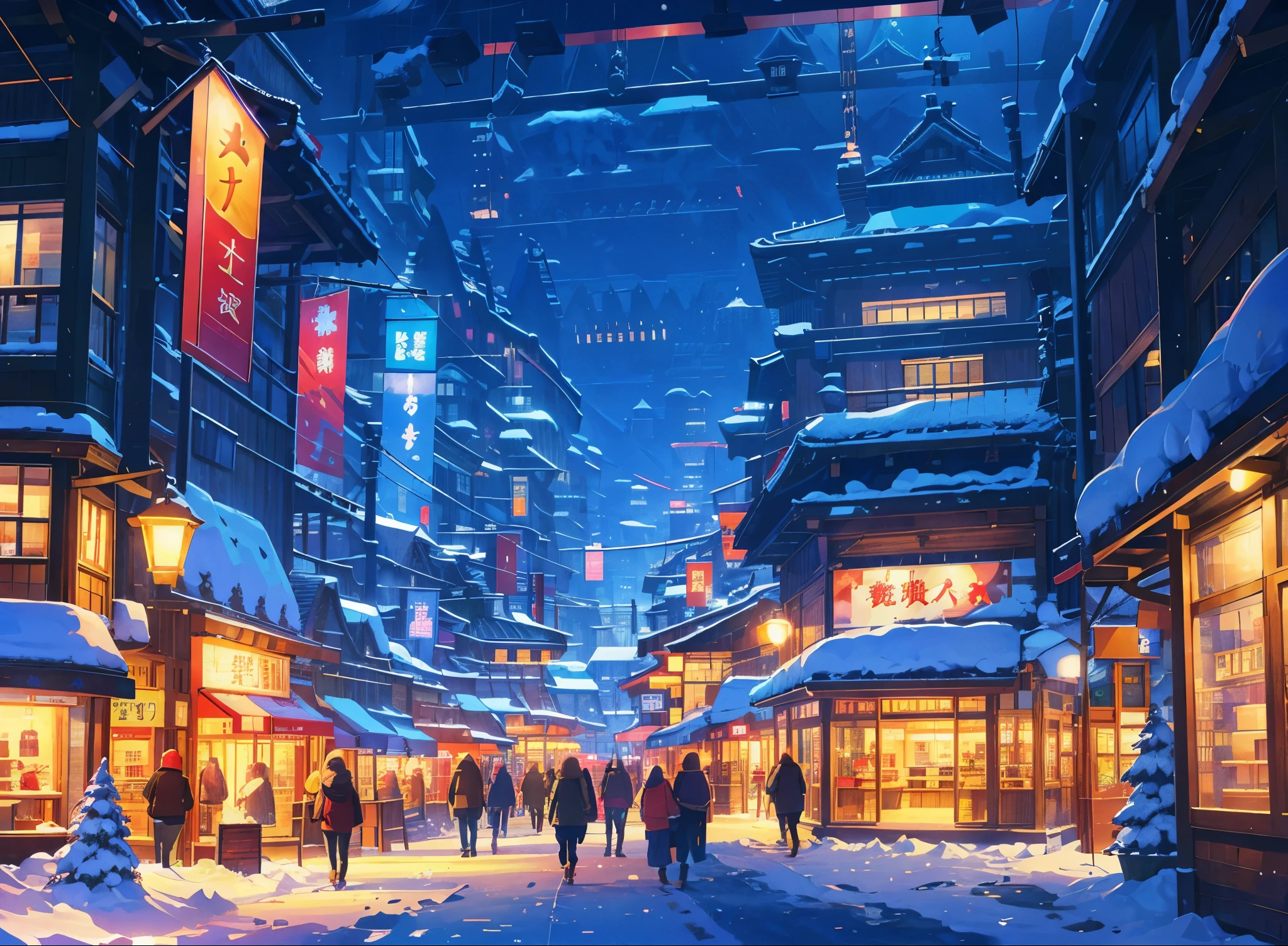 Modern buildings、snow、night、light、wooden object shopping center、An illustration、fantasy、