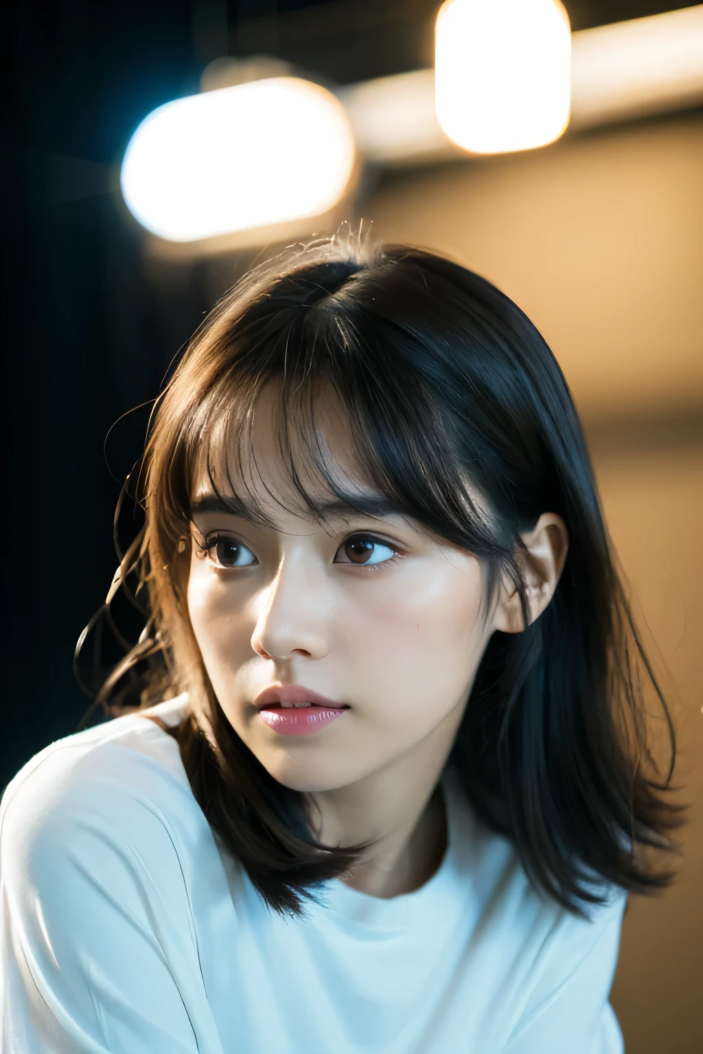 (8K, RAW photo, highest quality, High resolution:1.1), (hyperrealistic:1.4),(realistic, photorealistic:1.3), soft light,realistic face,realistic body,realistic skin,disorganized,masterpiece,(cute:1.8),(leaning forward:1.8),(From above:1.2),(close:1.4),crawl on all fours,throw,( Detailed white loose t-shirt:1.2),(Beautiful breasts:0.9),(long hair,ponytail),(big:1.2),cleavage,fine black eyes,innocent eyes,droopy eyes,Watery eye,open lips,blush,good style,cinema light,film Grain,close,look viewer,full Body,Depth of field, blurred background,Eye focus,young,85mm lens, f/ 1.4,professional lighting,portrait,photon mapping,radio city,Physically based rendering,Transparency,Day本の女の子,Day,Sunny,outdoor